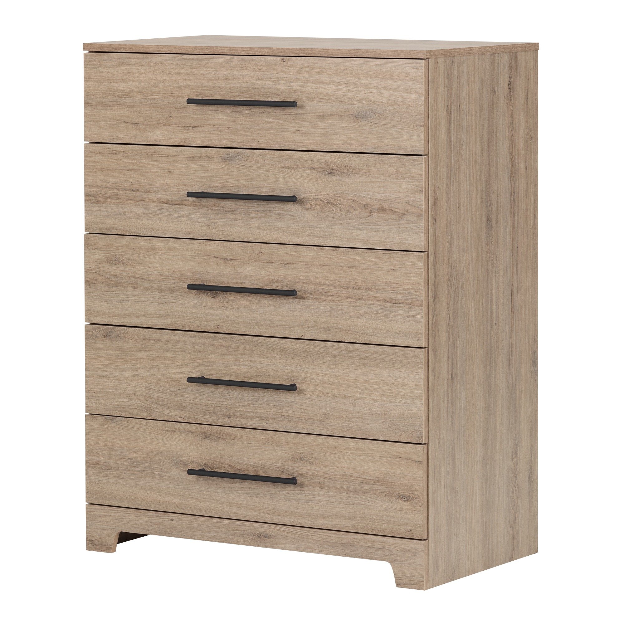 South Shore Primo 5-Drawer Dresser & Fynn 2-Drawer Nightstand Set in Rustic Oak with Nickel Finish Handles - Perfect for Bedroom Furniture and Home Organization