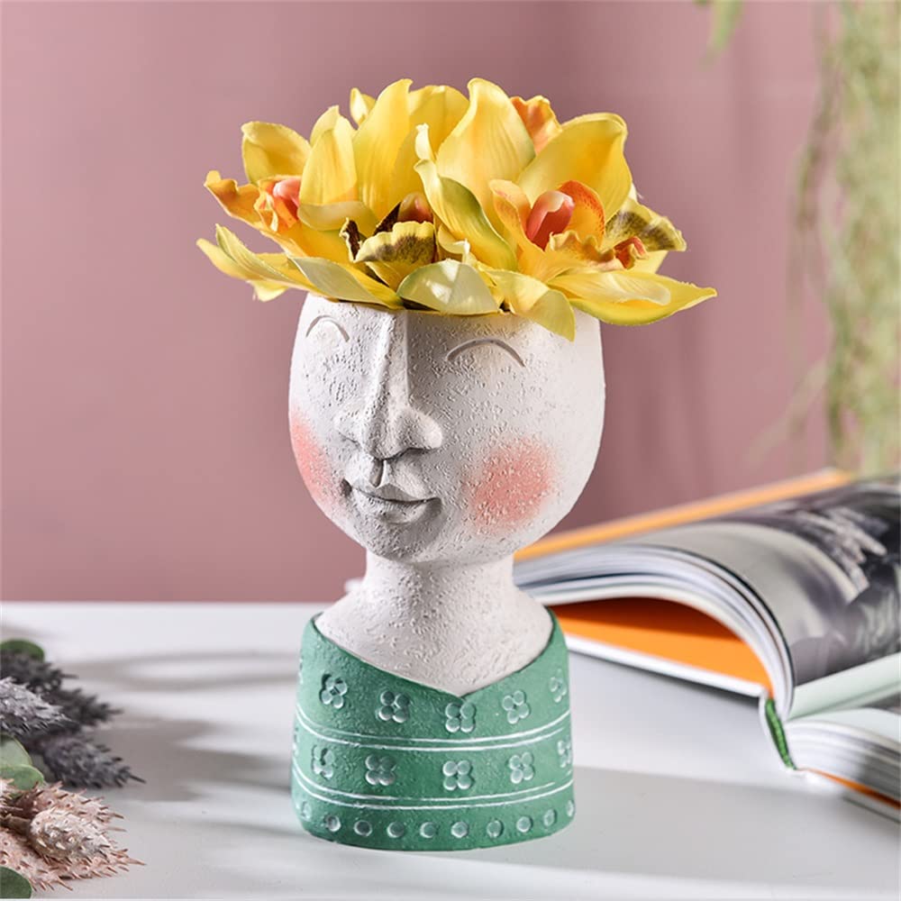 2022 New Green Girl Art Portrait Face Planter - Human Face Flower Pot for Indoor/Outdoor Plants, Resin Sculpture Vase for Succulents & Cactus - Perfect for Home Decor, Garden, and Gift Giving