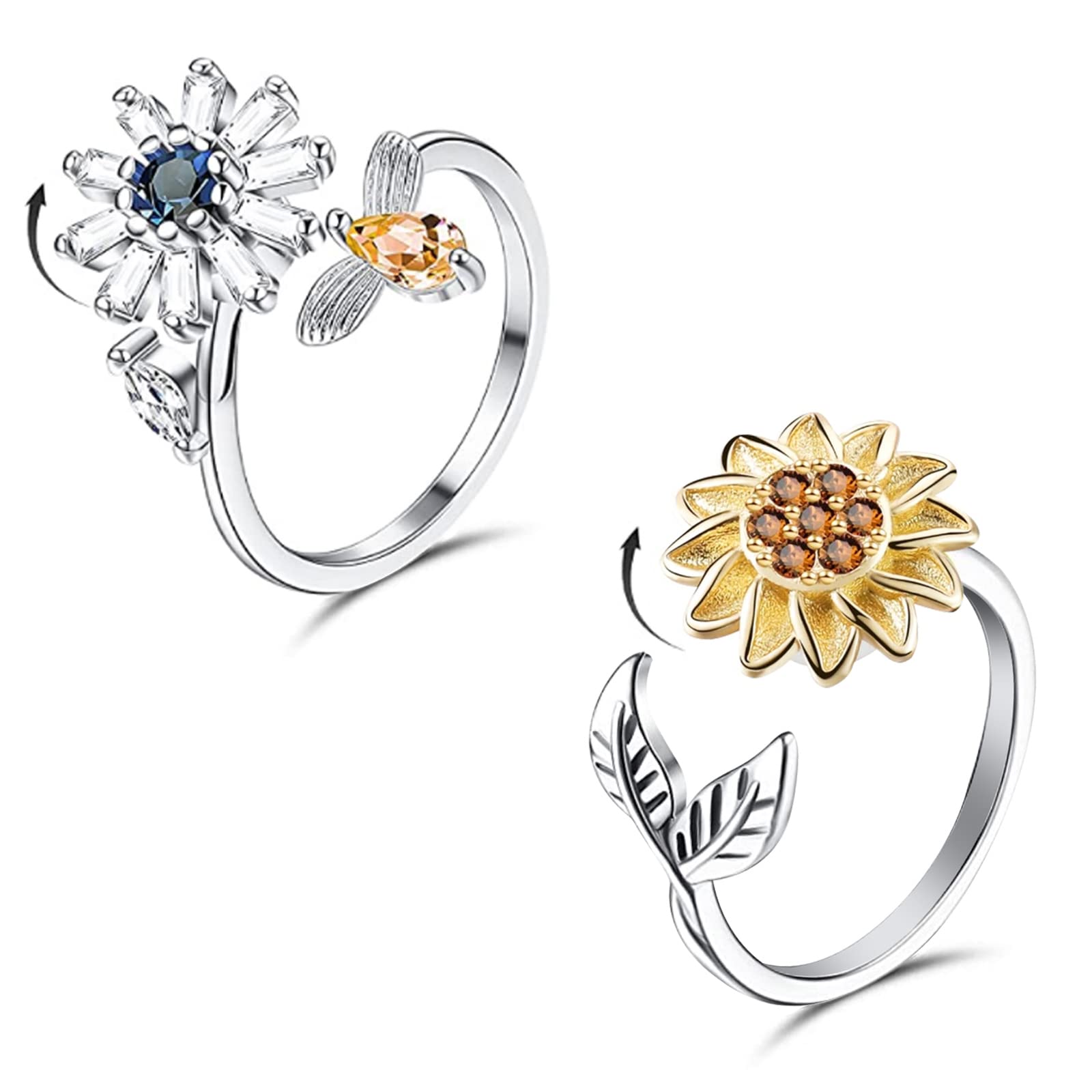 Adjustable Anxiety Spinner Rings for Women - Sunflower & Daisy Set for Stress Relief