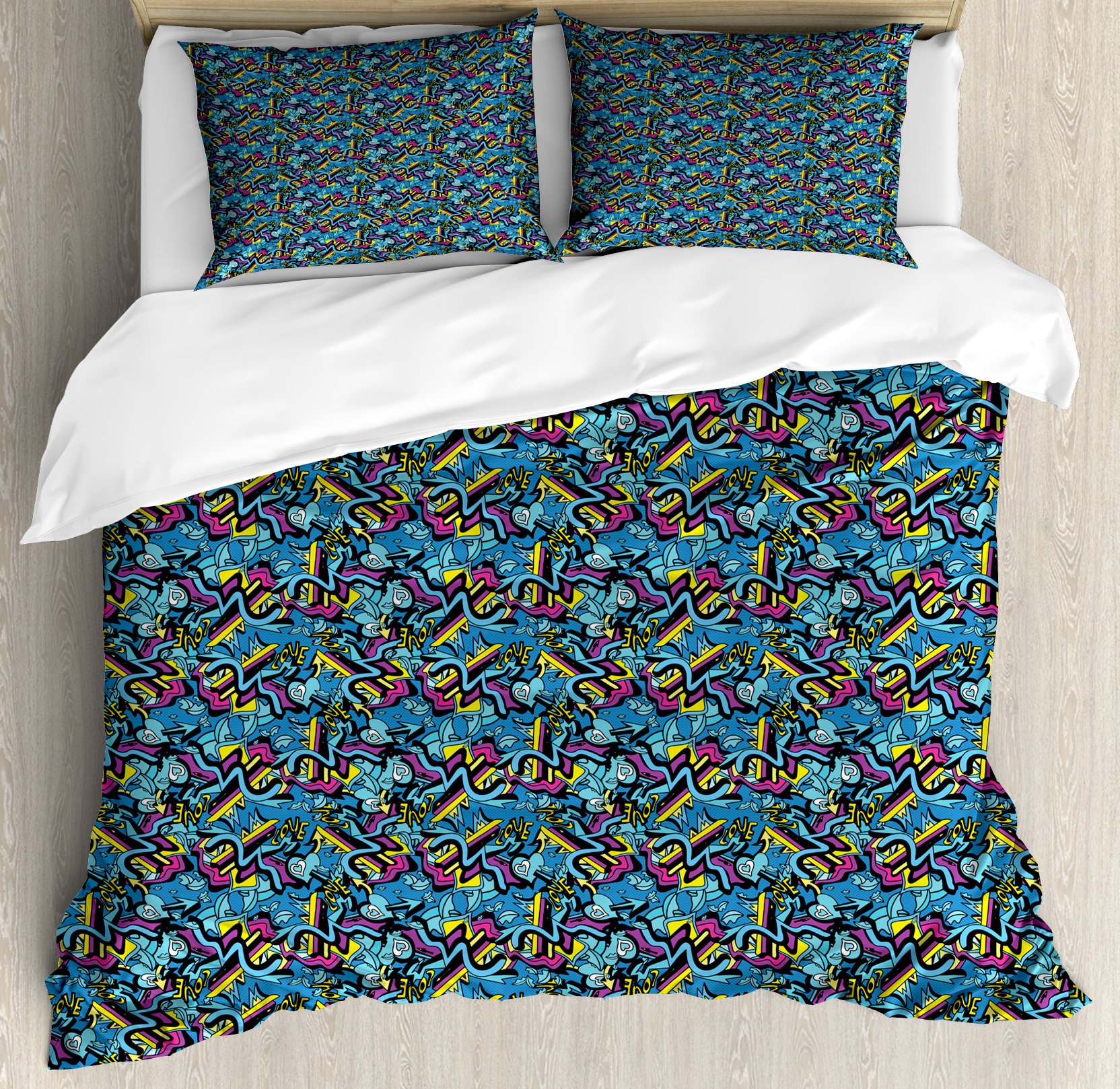 Ambesonne Psychedelic Duvet Cover Set - Graffiti Art with Lips, Hearts & Arrows Love Design, 3-Piece Queen Size Bedding Set with 2 Pillow Shams in Sea Blue Multicolor | Perfect for Teen Bedrooms, Dorm Decor & Bohemian Style Home