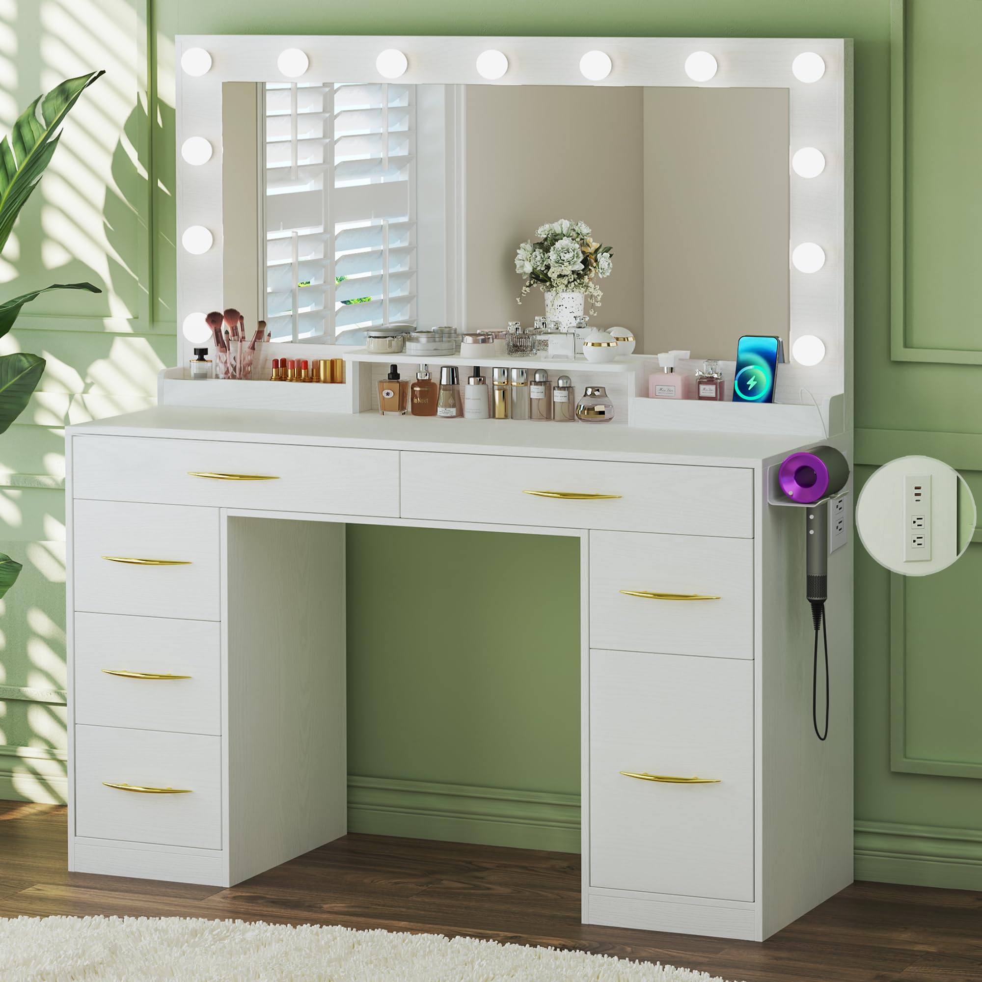 White Makeup Vanity Desk with LED Lights & Large Mirror - 6 Drawers, 1 Cabinet & Power Outlet - 3 Adjustable Lighting Colors for Bedroom, Dressing Room & Beauty Salon