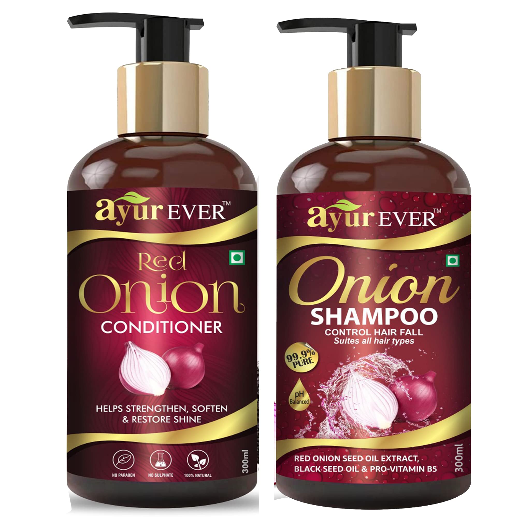 AYUREVER Onion Oil Shampoo & Conditioner Set (300ml Each) - Sulfate Free for Hair Growth & Scalp Care - Perfect for Dry, Damaged Hair & Frizzy Hair Treatment at Home