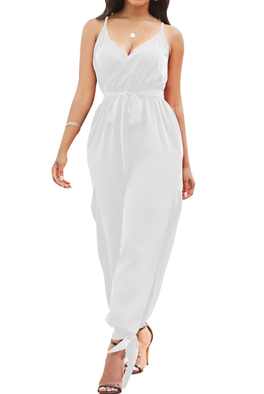 HannahZone Women's Casual Adjustable Spaghetti Strap Jumpsuit - Sleeveless Bodycon Romper with Pockets & Long Pants | Perfect for Summer Outfits, Beach Vacations & Date Nights