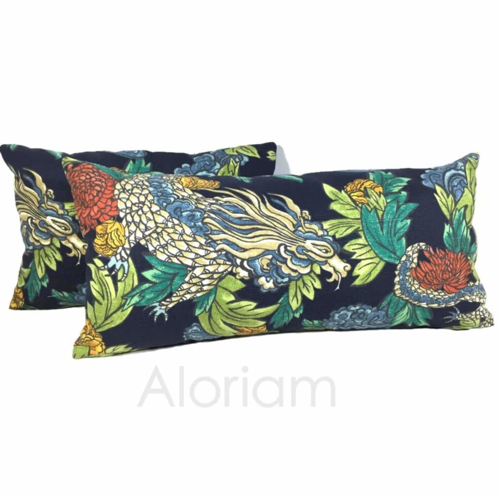 Robert Allen Dwell Studio Ming Dragon Chinoiserie Pillow Cover in Admiral Blue - Asian Inspired Home Decor for Living Room, Bedroom & Sofa