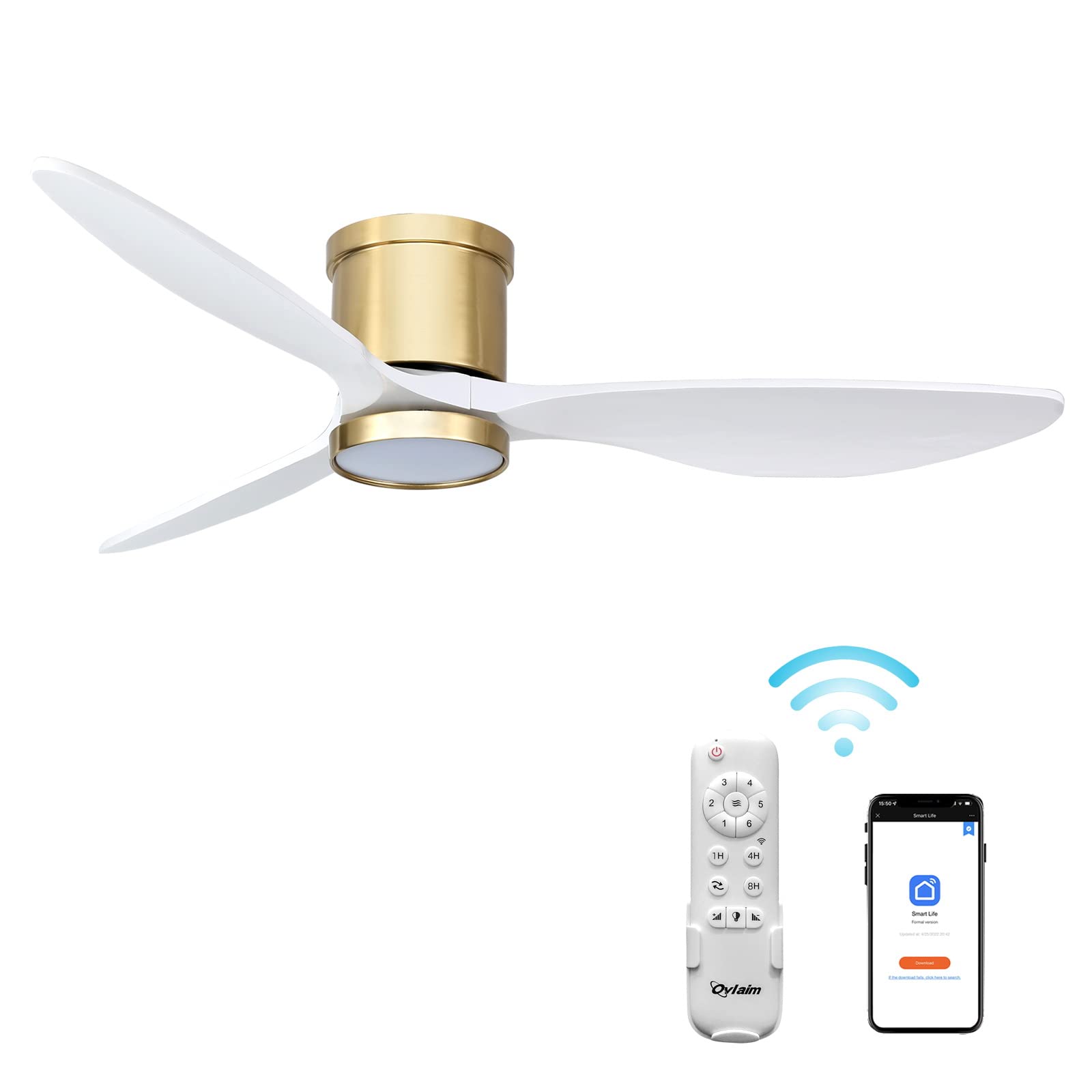 Ovlaim 52 Inch Smart Wood Ceiling Fan with Light and Remote Control - 3 Blade White Gold Modern Low Profile Flush Mount - Quiet DC Motor for Bedroom, Living Room, Office - Perfect for Home Cooling and Stylish Decor