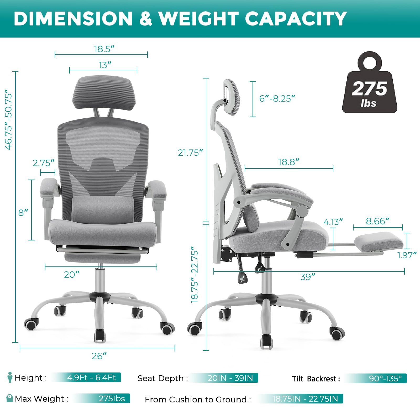 DUMOS Ergonomic High-Back Mesh Office Chair with Adjustable Footrest - Swivel Rolling Recliner with Wheels, Headrest & Lumbar Support - Comfortable Desk Chair for Home Office, Gaming, Studying (Grey) - Perfect for Long Work Hours, Online Classes & PC Gaming Sessions