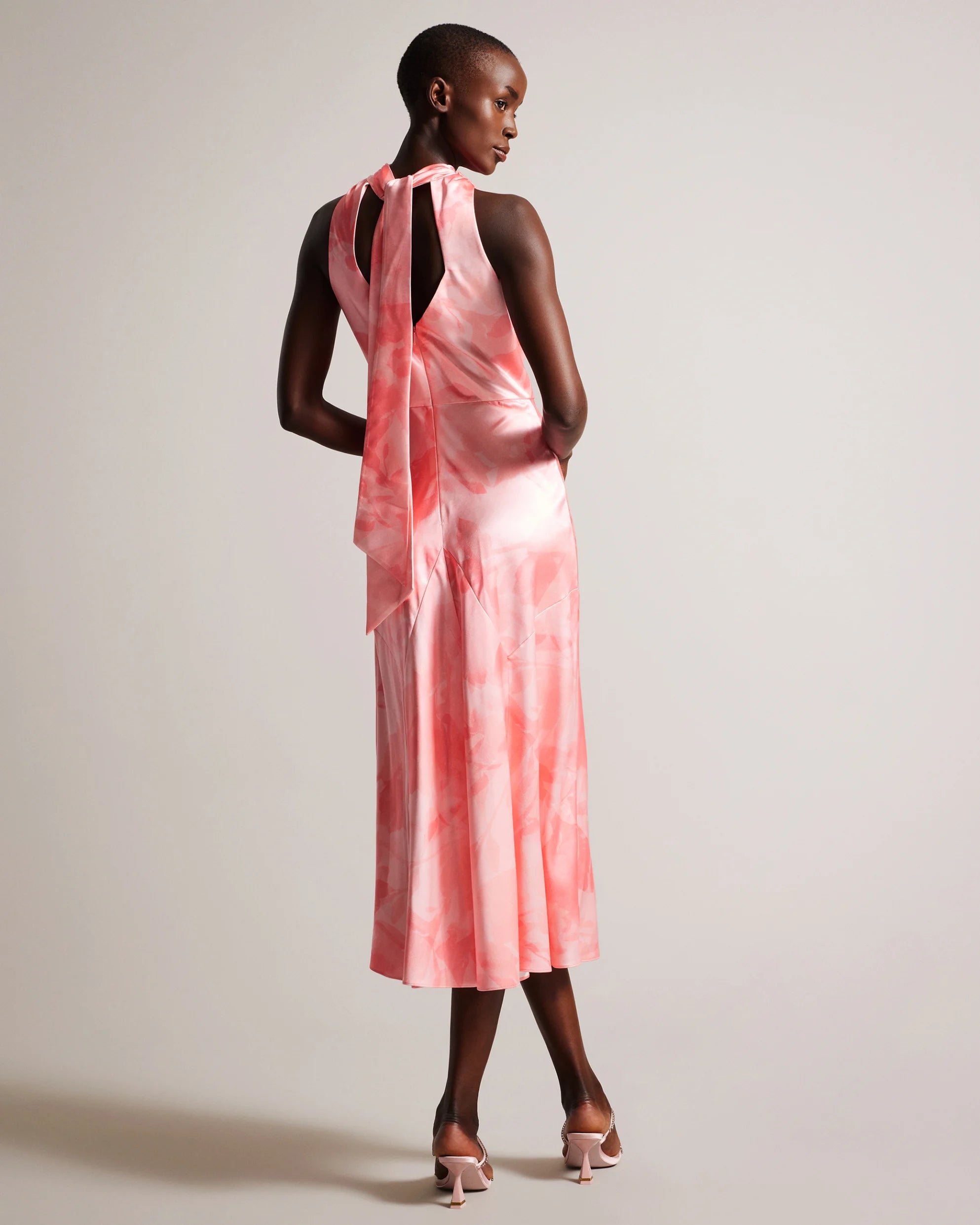 Foreste Cowl Neck Bias Cut Midi Dress in Coral - Elegant Flowy Women's Dress for Parties, Weddings & Date Nights