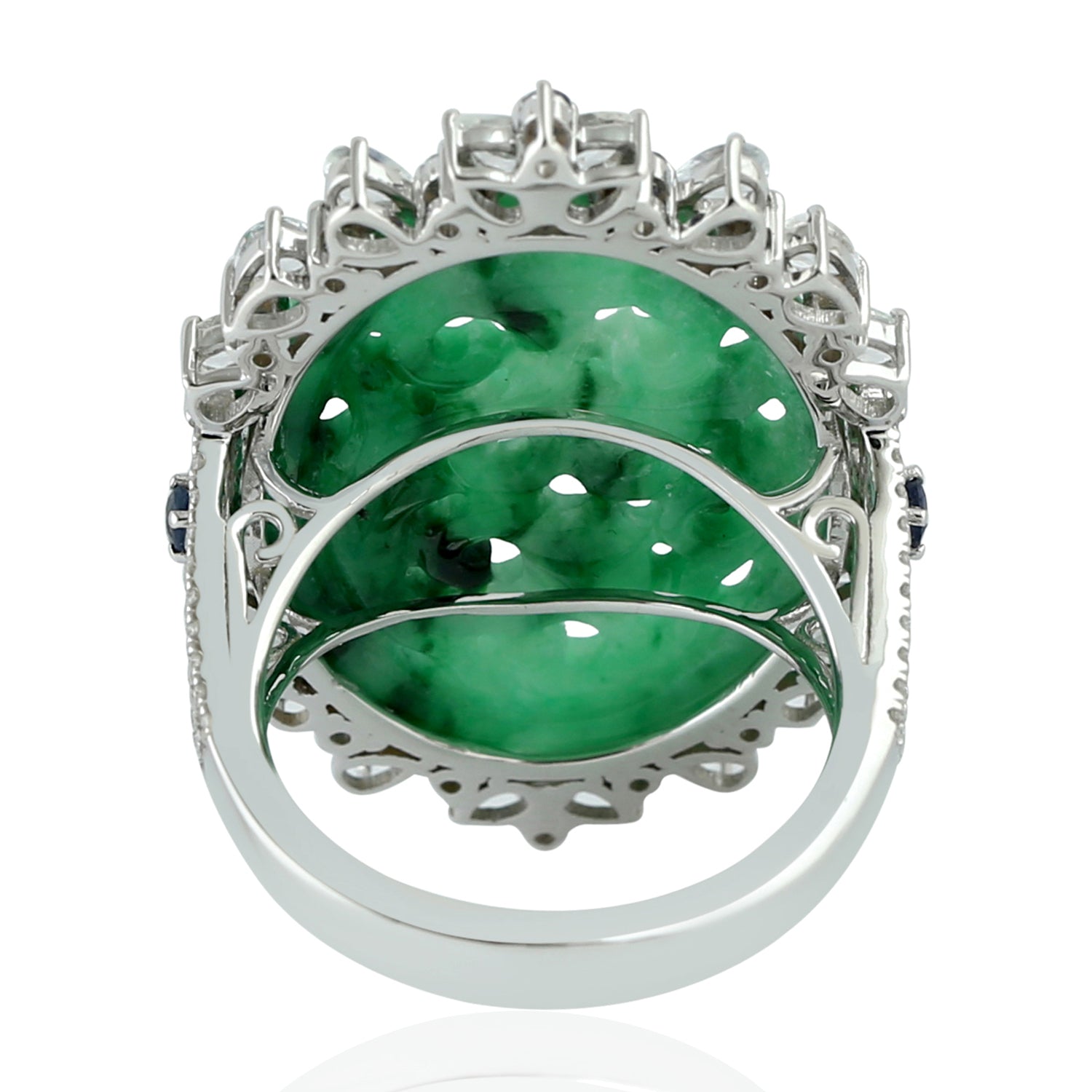 Exquisite Carved Jade & Rose Cut Diamond Prong Blue Sapphire Cocktail Ring in 14K White Gold | Elegant Jewelry for Weddings, Parties & Special Occasions
