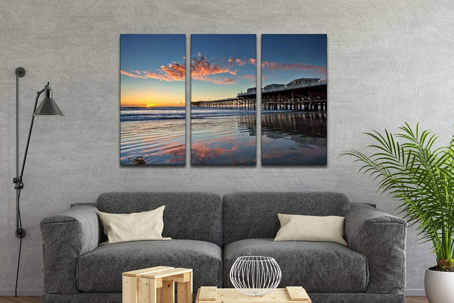 3 Panel Wall Art Modern Canvas Prints - Sunset at Crystal Pier, Pacific Beach San Diego California - Wooden Framed Pictures for Living Room & Bedroom Decor - Ready to Hang - Perfect for Coastal, Beach House & Boho Home Decor