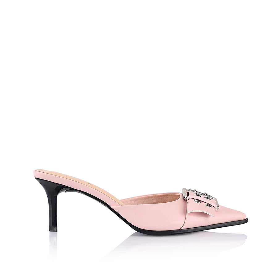 Sez Buckle Stiletto Mules - Blush Pink Smooth Leather Slip-On Heels for Women | Perfect for Office, Parties & Date Nights