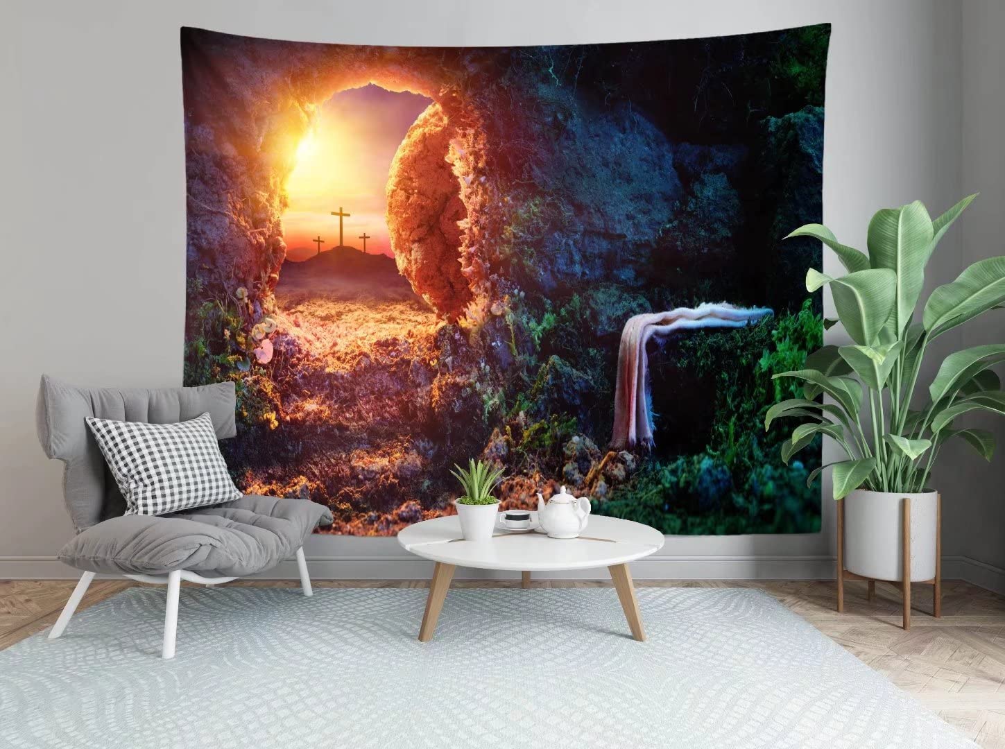 Jesus Tapestry Wall Decor - Empty Tomb & Crucifixion Art for Easter Church & Home