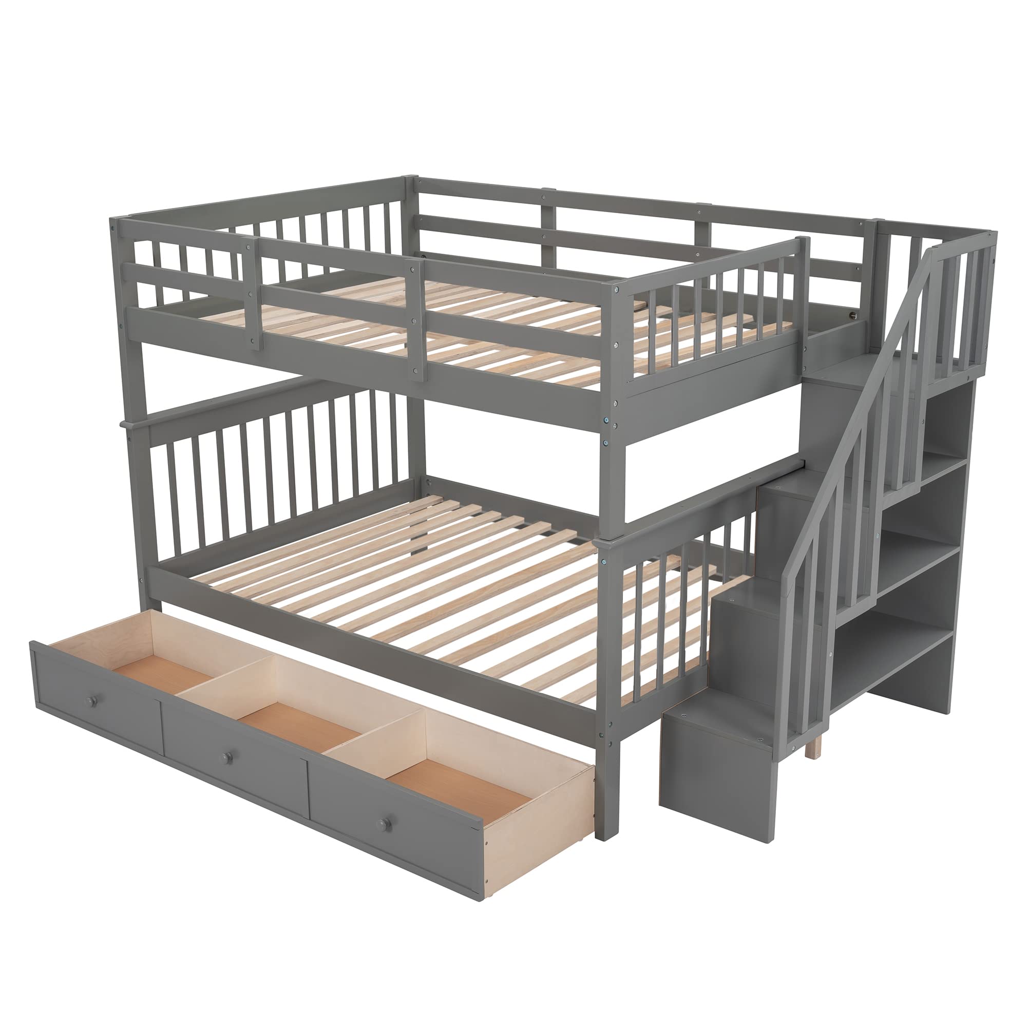 P PURLOVE Full Over Full Bunk Bed with Storage & Stairs - Convertible to 2 Twin Beds for Teens & Adults - Space Saving Solution for Small Rooms
