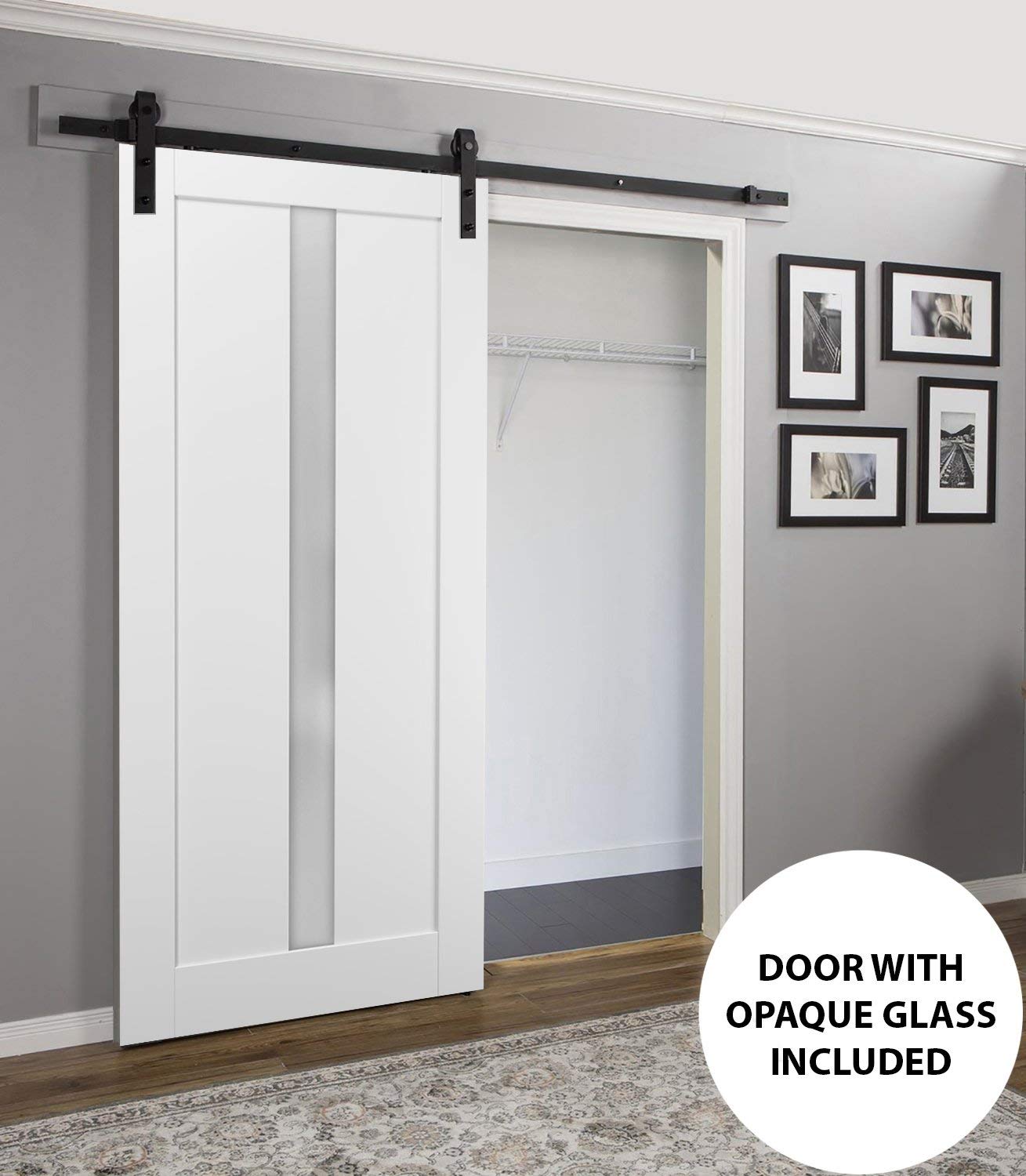 SARTODOORS 28x80 Sliding Barn Door with Hardware Kit - Quadro 4112 White Silk Frosted Glass - Top Mount 6.6FT Rail & Hangers - Lightweight Solid Wood Interior Door for Bedroom, Closet, or Home Office