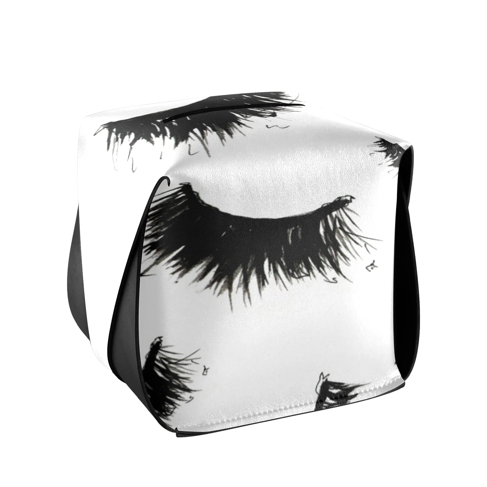 Waterproof False Eyelashes Mascara & Watercolor Sketch Art Leather Tissue Box Cover - 5.7x5.7x5.7 Inches for Bathroom, Vanity, Office Desk, Car, Nightstand - Home Decor & Makeup Organizer Accessory