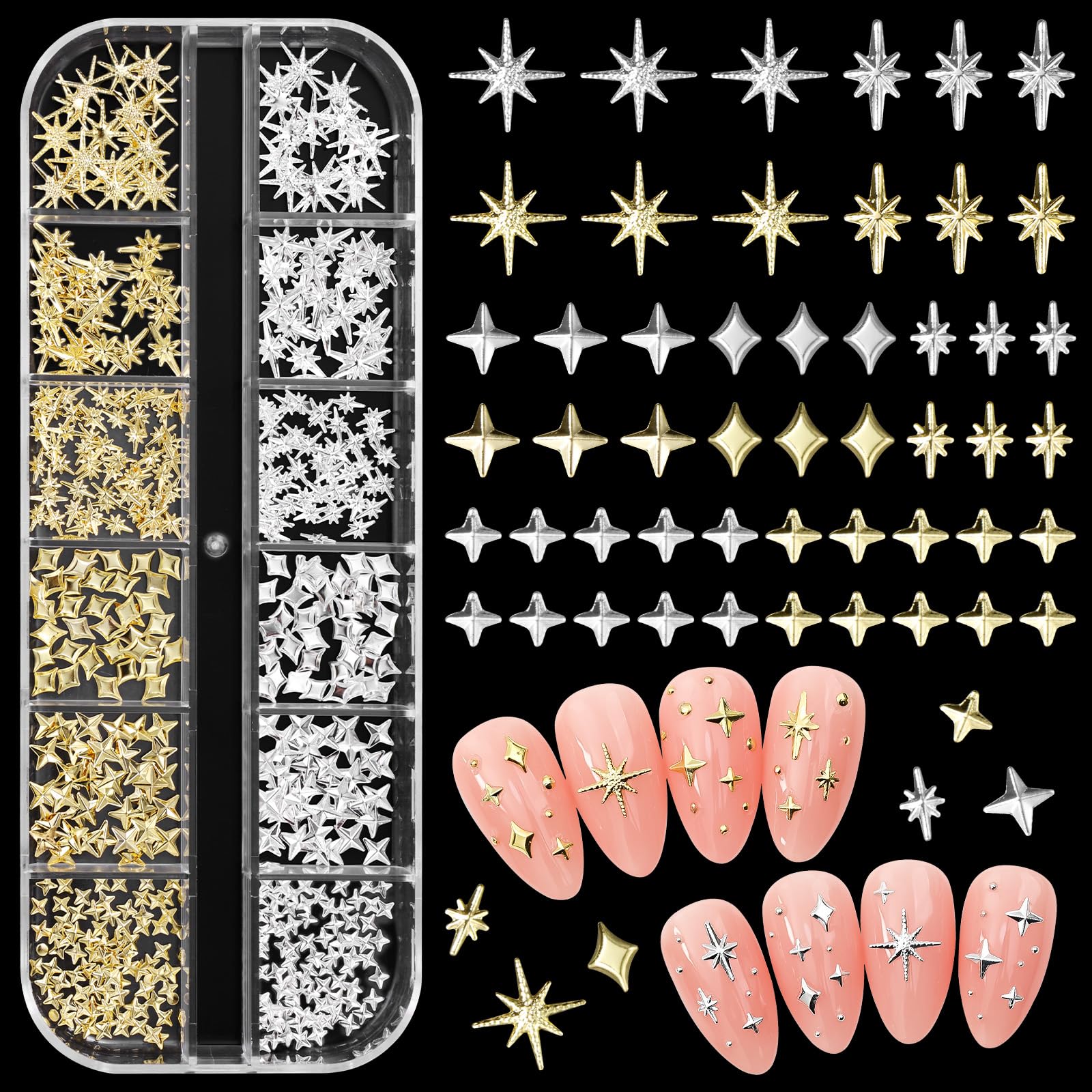 3D Gold & Silver Star Nail Charms - Mixed Metal Nail Art Studs for Y2K Nail Designs | Perfect for DIY Manicures, Party Nail Decor, and Festival Nail Art