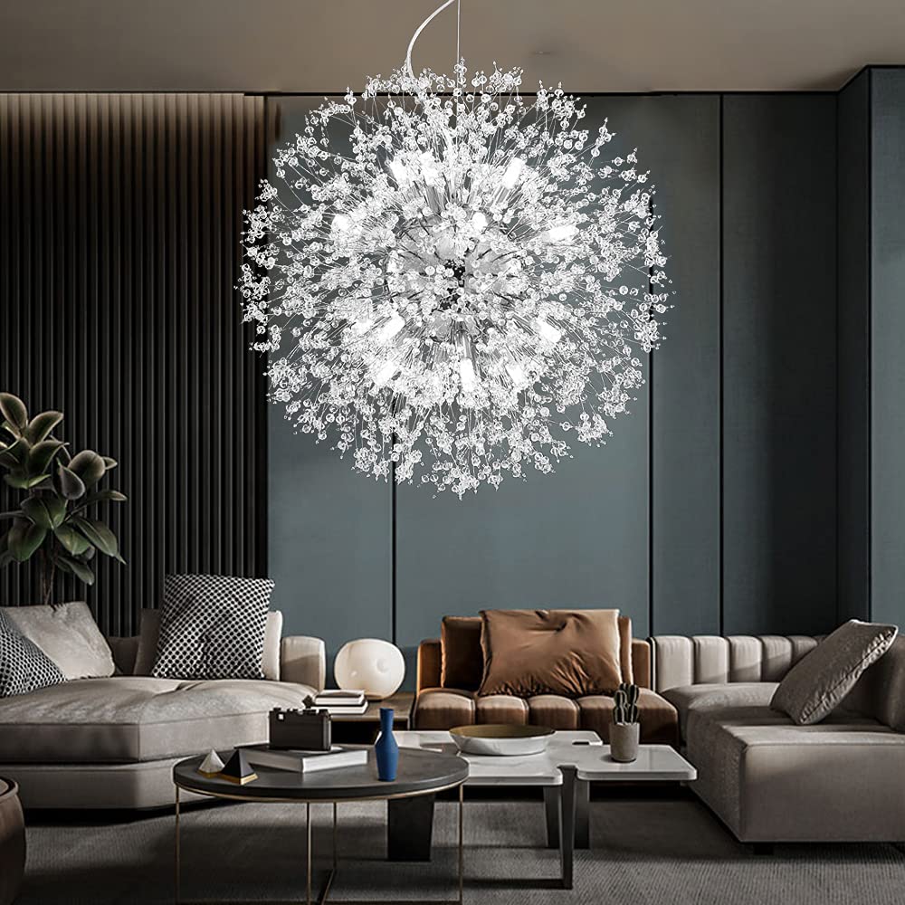 16-Light Modern Crystal Chandelier - Chrome Dandelion Firework Ceiling Light Fixture for Living Room, Dining Room, Kitchen & Bedroom | Elegant Home Lighting for Weddings, Parties & Luxury Interiors