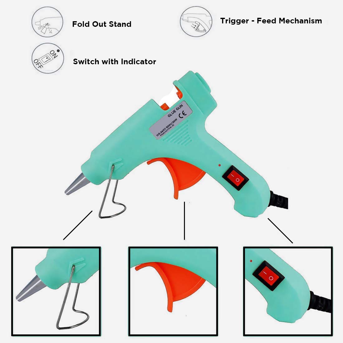 NUTEN 20W High-Temperature Hot Melt Glue Gun with On/Off Switch & LED Light - Includes 5 Free 7mm Glue Sticks (Sky Blue) - Perfect for DIY Crafts, Home Repairs, and School Projects