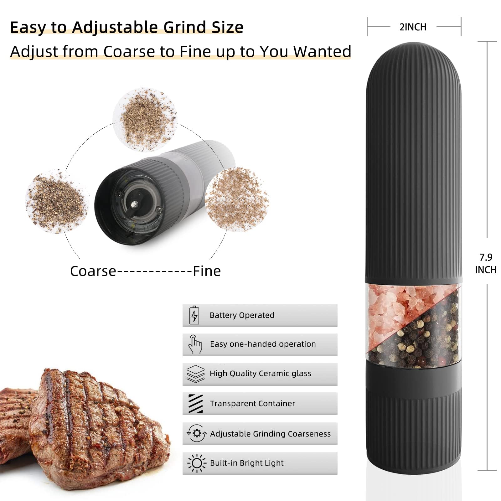 T-mark Electric Salt and Pepper Grinder Set - Battery Operated Automatic One-Handed Spice Mill with LED Light & Adjustable Coarseness - Perfect for Kitchen, Dining Table, Camping and Gifts
