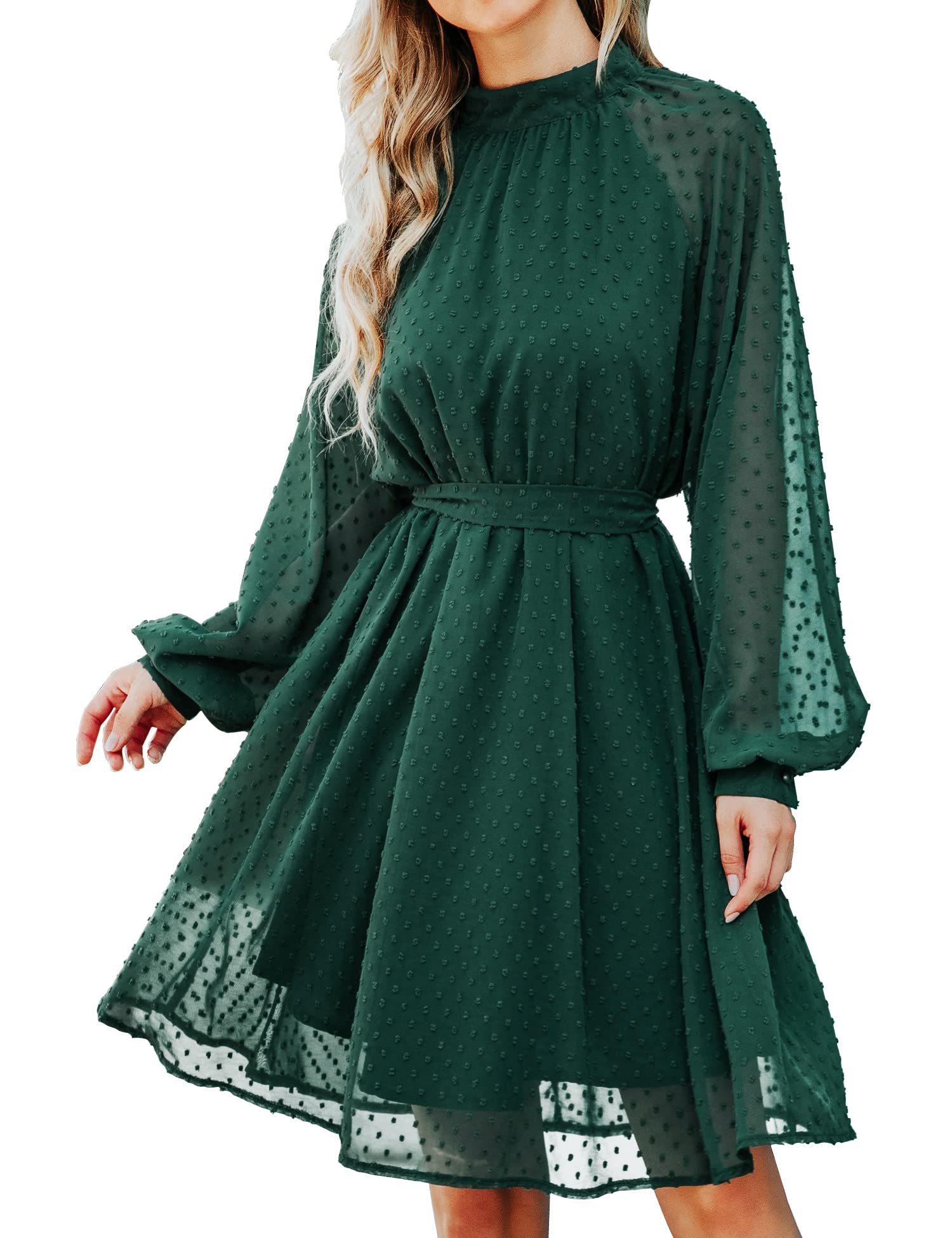 Elegant Long Sleeve Chiffon Midi Dress with Belt - Swiss Dot Wedding Guest Dress for Women | Perfect for Cocktail Parties, Bridal Showers & Formal Events