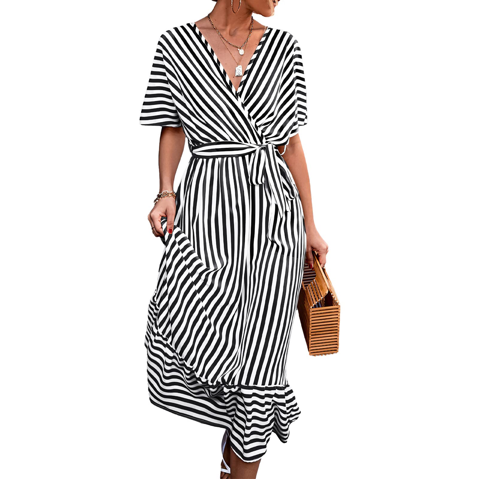Pantete Women's V-Neck Striped Midi Dress - Short Sleeve Tie Waist Loose Fit Casual Summer Dress for Beach, Office & Date Night