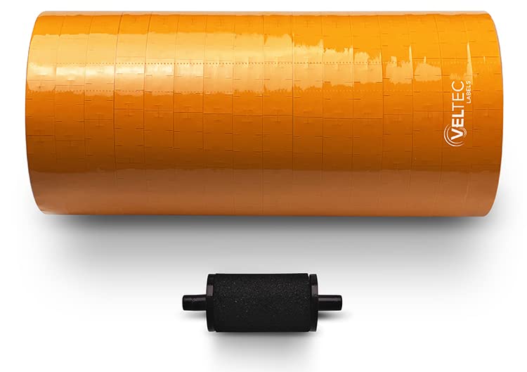 Veltec Premium Pricing Labels for Monarch 1110 Price Gun - 16 Rolls (17,000 Labels) with Ink Roller - Orange Stickers for Retail, Warehouse & Inventory Management