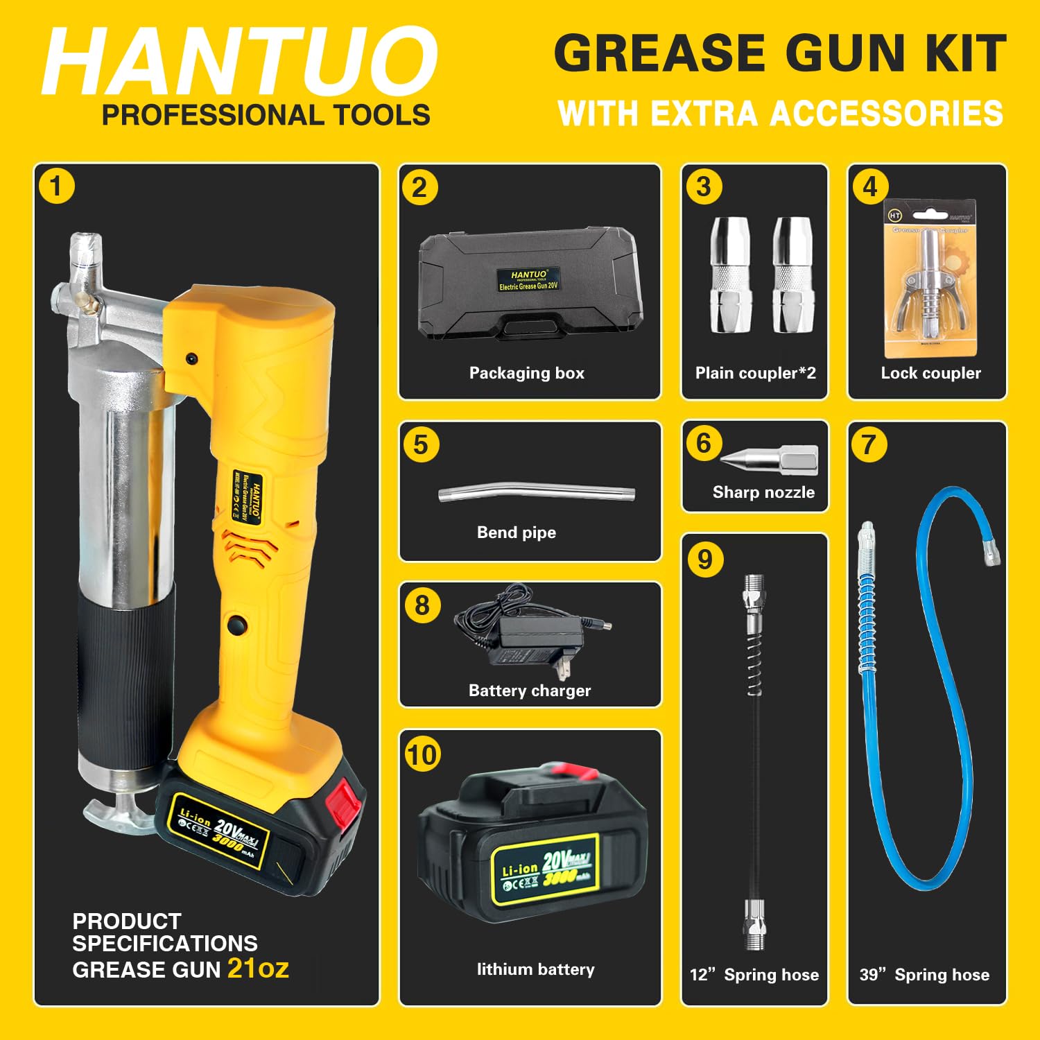 20V Cordless Grease Gun - Professional Electric High Pressure 10000 PSI Grease Gun with Battery & Carrying Case - Perfect for Automotive, Industrial, and Farm Equipment Maintenance