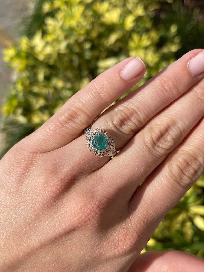 2.14tcw 14K Rose Gold Emerald Deep Ocean Green Cushion Cut Diamond Accent Engagement Ring for Women - Elegant Wedding, Proposal, Anniversary Gift Idea