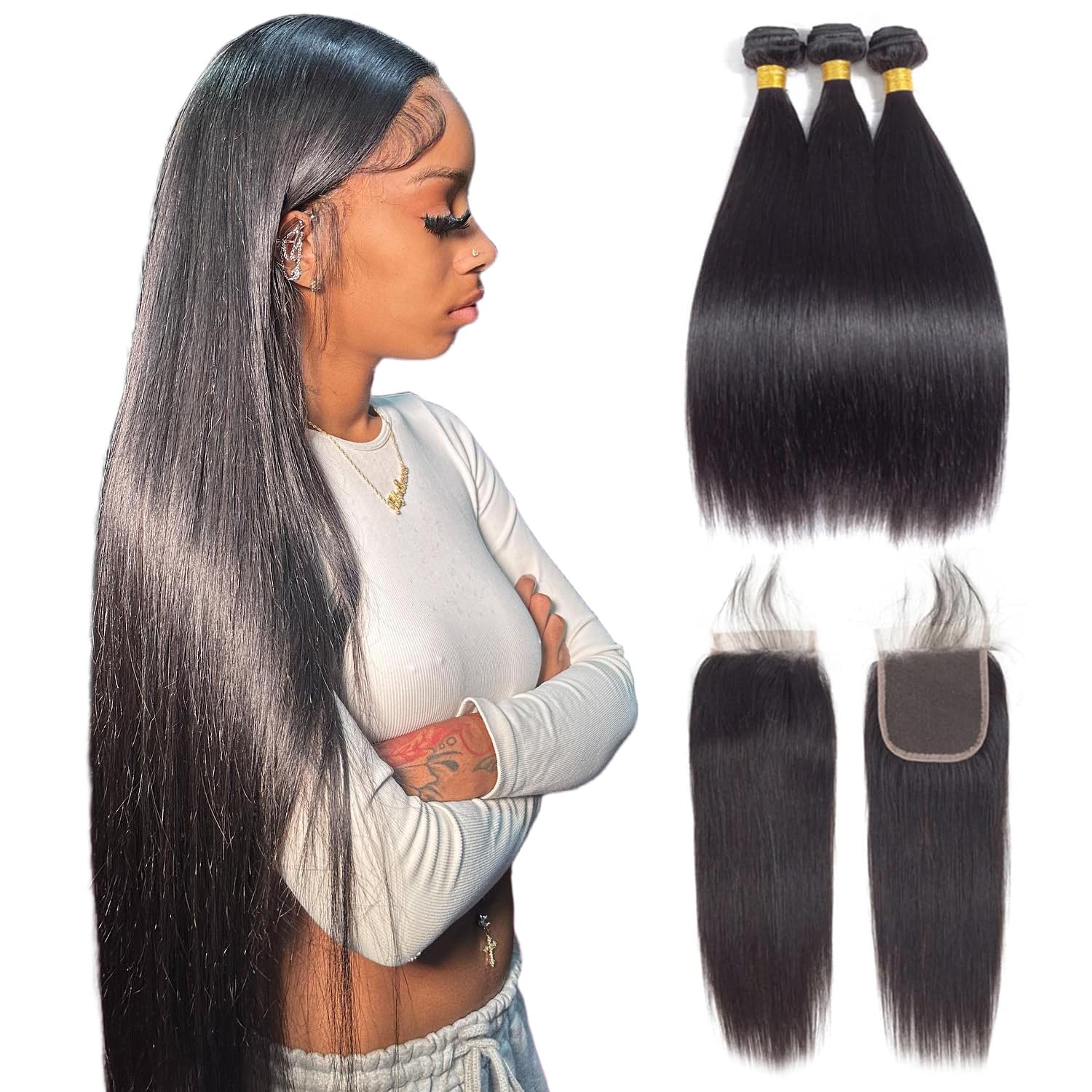 Kapelli 10A Brazilian Virgin Straight Human Hair Bundles with Closure 20 22 24+20 Inch - 3 Bundles Natural Black Remy Hair for Sew-in Weave, Extensions & Styling