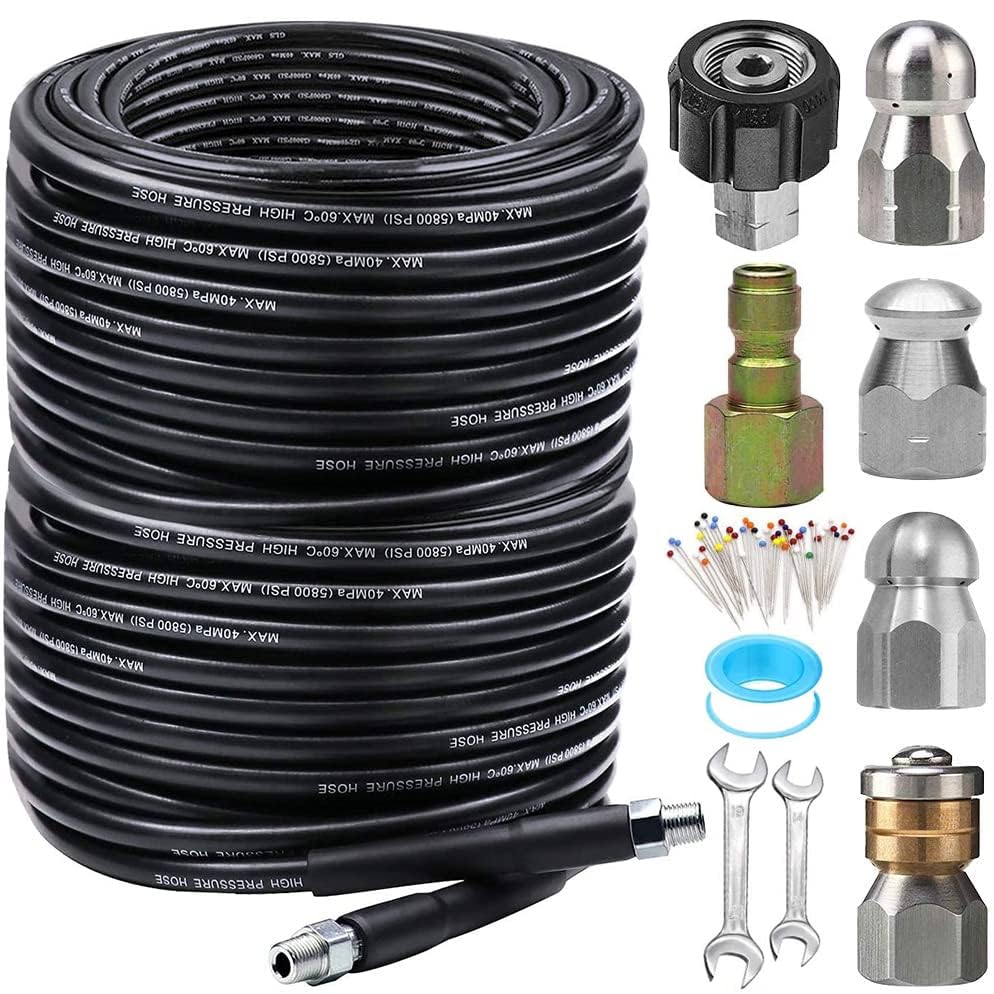 **200FT High-Pressure Sewer Jetter Kit for Pressure Washer – 5800PSI Drain Cleaner Hose with 1/4 Inch NPT Corner, Rotating & Button Nozzle – Includes Pearl Corsage Pin, Waterproof Tape & 2 Spanners – Ideal for Clogged Drains, Sewer Lines & Commercial Cleaning**