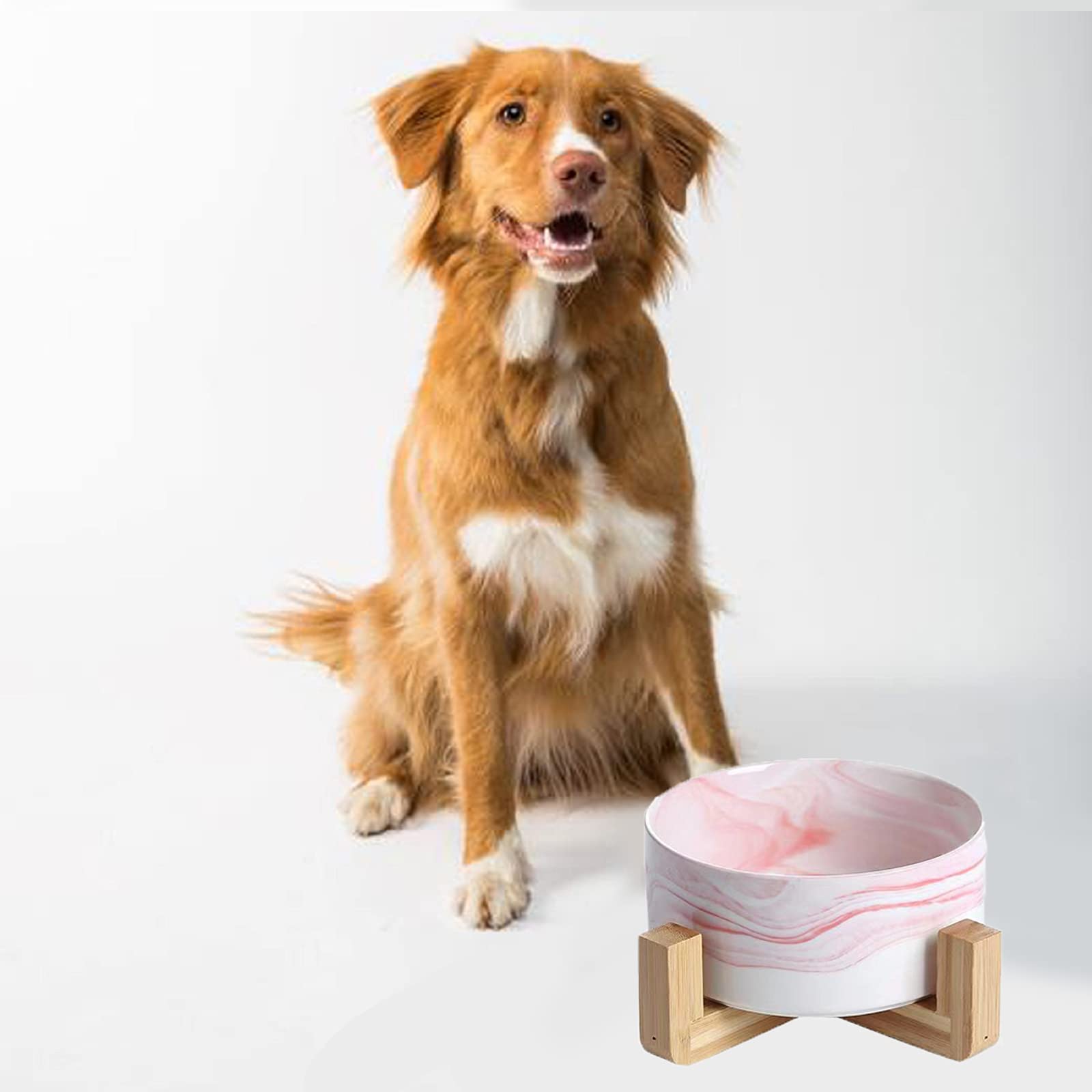Ceramic Elevated Dog & Cat Bowl Set with Wood Stand - 28oz Durable Pet Food & Water Dish - Modern Weighted Design in Marble Pink for Small to Medium Pets - Perfect for Dining, Kitchen, or Living Room Use