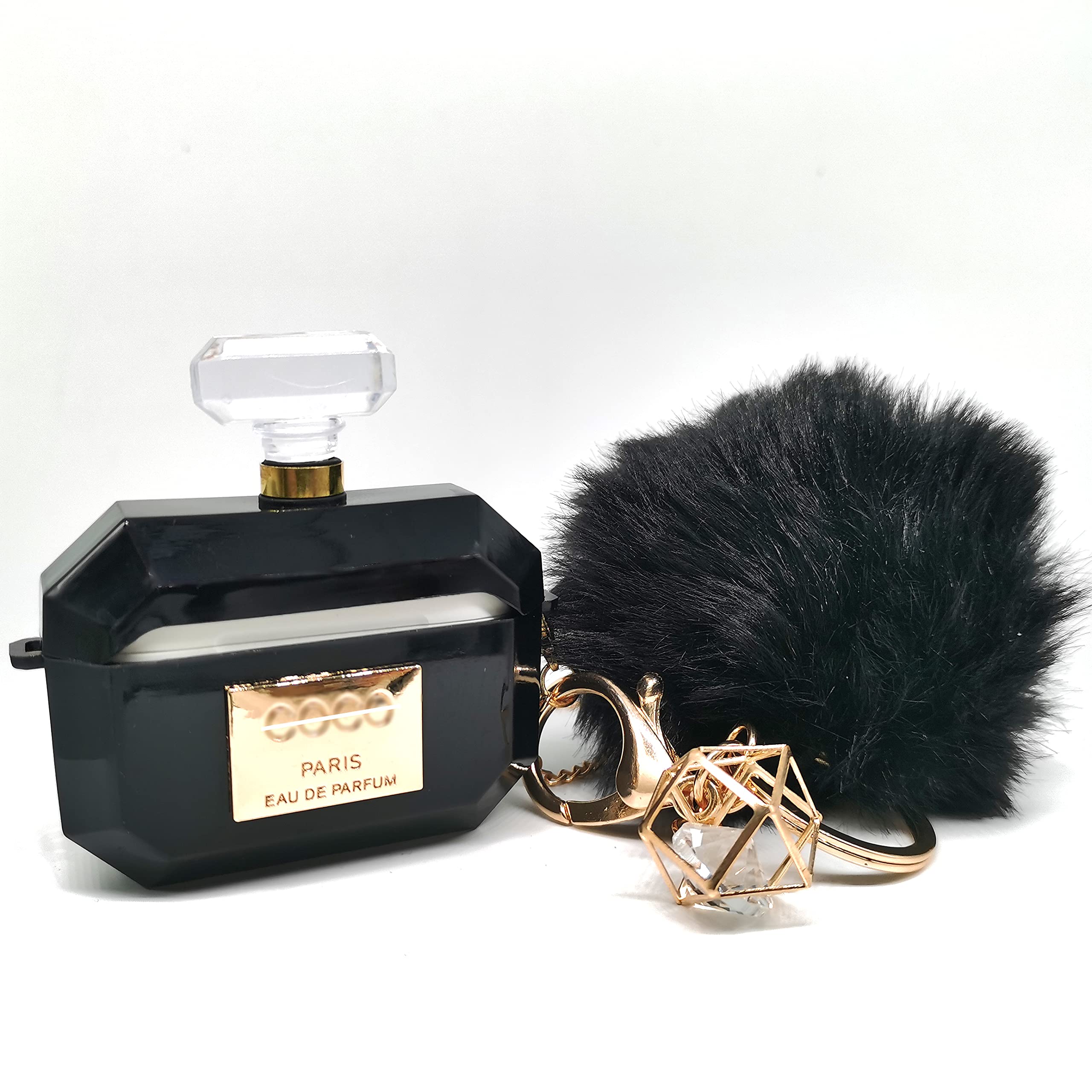 Luxury Cute Silicone AirPods Pro Case with Keychain Perfume Bottle & Fur Ball - Soft Shockproof Cover for Girls & Women (Black) - Perfect for Travel, Work & Daily Use