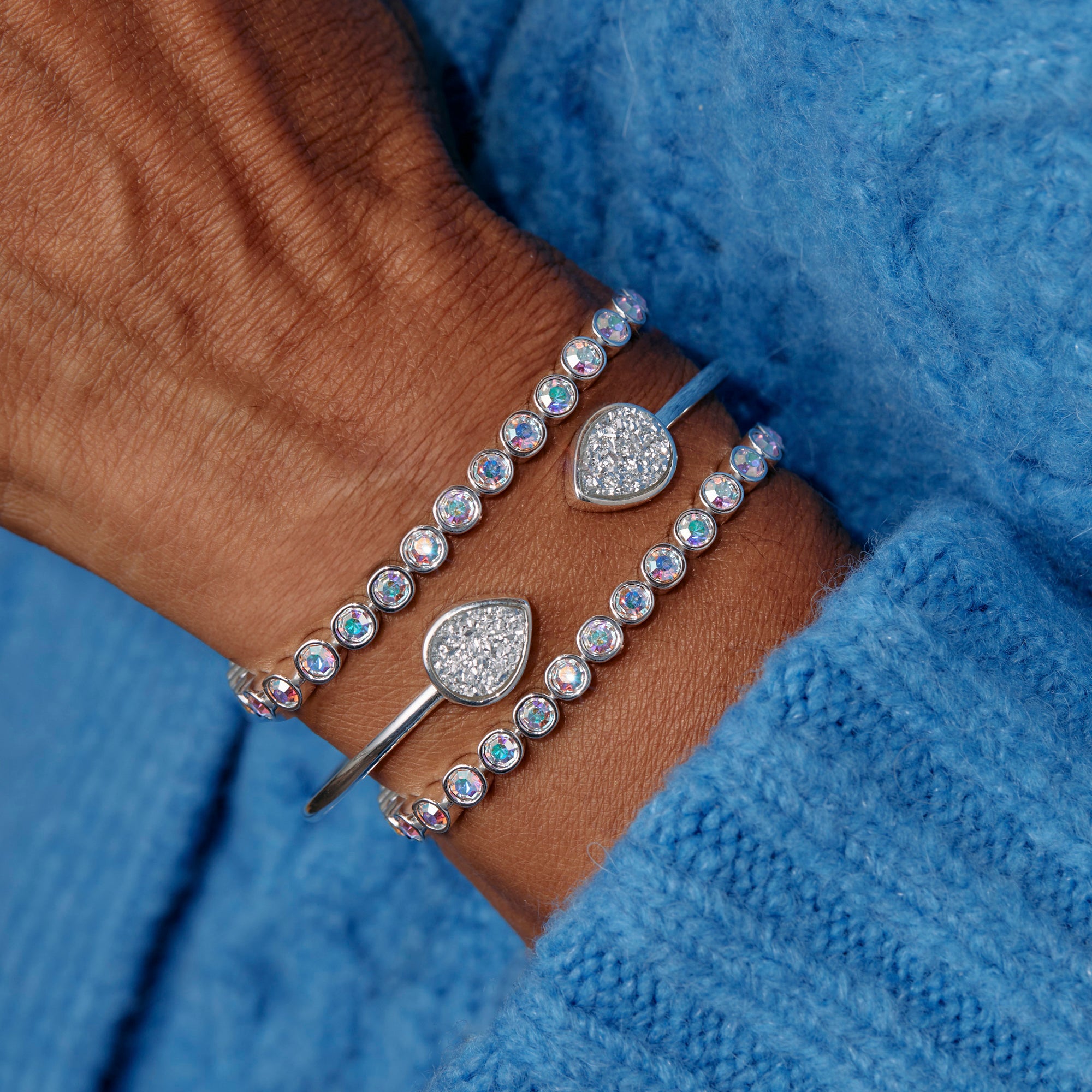 Glitter Druzy Flex Cuff Bracelet in Silver - Elegant Adjustable Crystal Jewelry for Women, Perfect for Parties, Weddings & Special Occasions