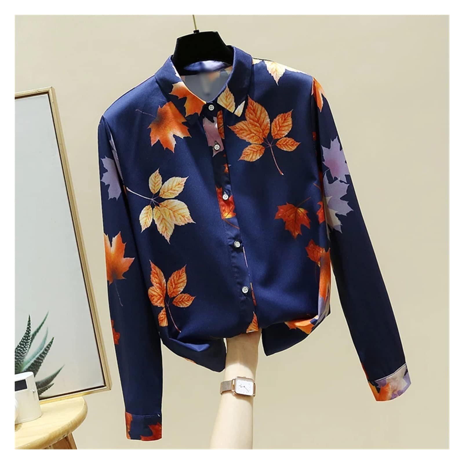 WALNUTA Women's Long Sleeve Chiffon Blouse with Print Design - Elegant Turn Down Collar Tops for Work, Party & Casual Wear | Flowy Dressy Shirt for Office, Date Night & Special Occasions
