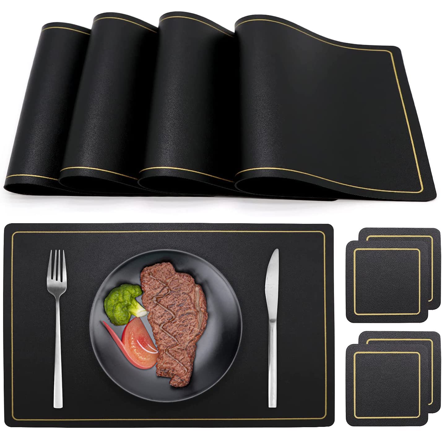 Premium Leather Placemats Set of 4 with Matching Coasters - Non-Slip, Heat-Resistant & Washable Dining Table Mats for Modern Home Decor (Black) - Perfect for Dinner Parties, Daily Meals & Kitchen Protection