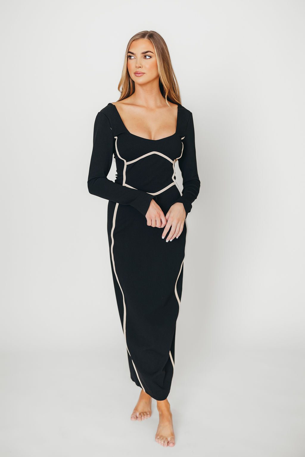 Shana Black Bodycon Midi Dress with Piping Trim - Slim Fit Party Cocktail Dress for Women | Perfect for Night Out, Date Night & Special Occasions