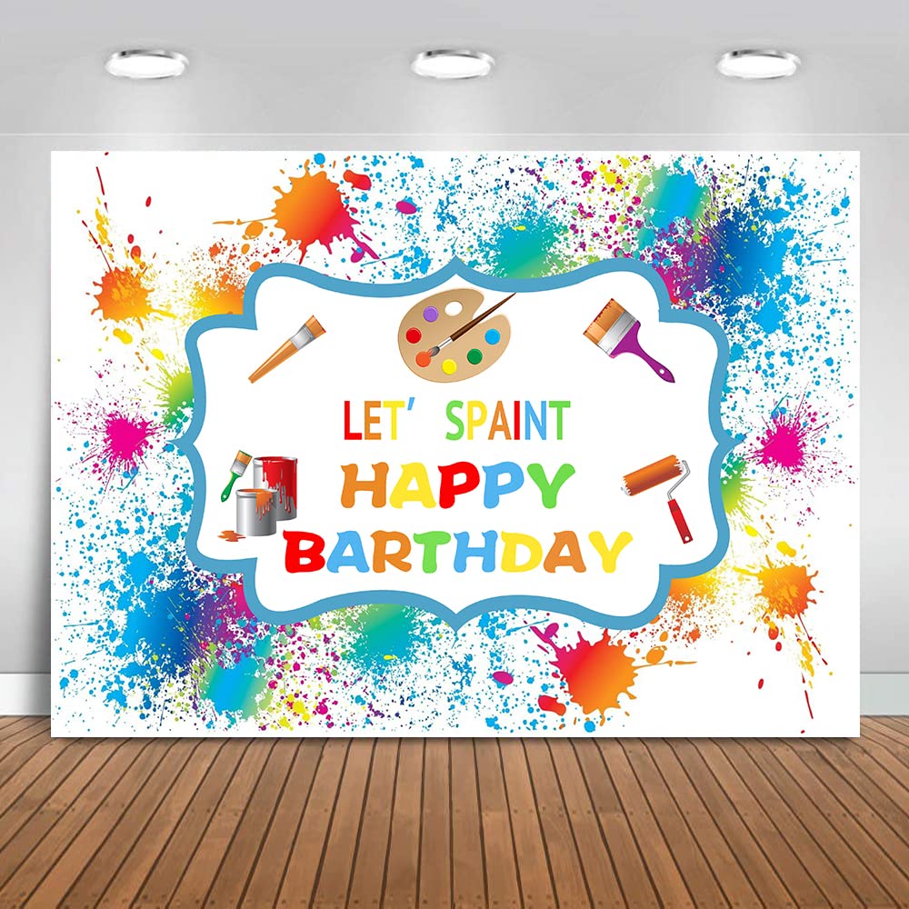 Happy Birthday Backdrop - 7x5ft Graffiti Splatter Painting Theme for Kids Birthday Party Decorations | Photo Booth Props, Cake Table Banner & Studio Background | Includes Paint Brushes for Creative Fun | Perfect for Birthday Celebrations, Photo Shoots & Party Decor