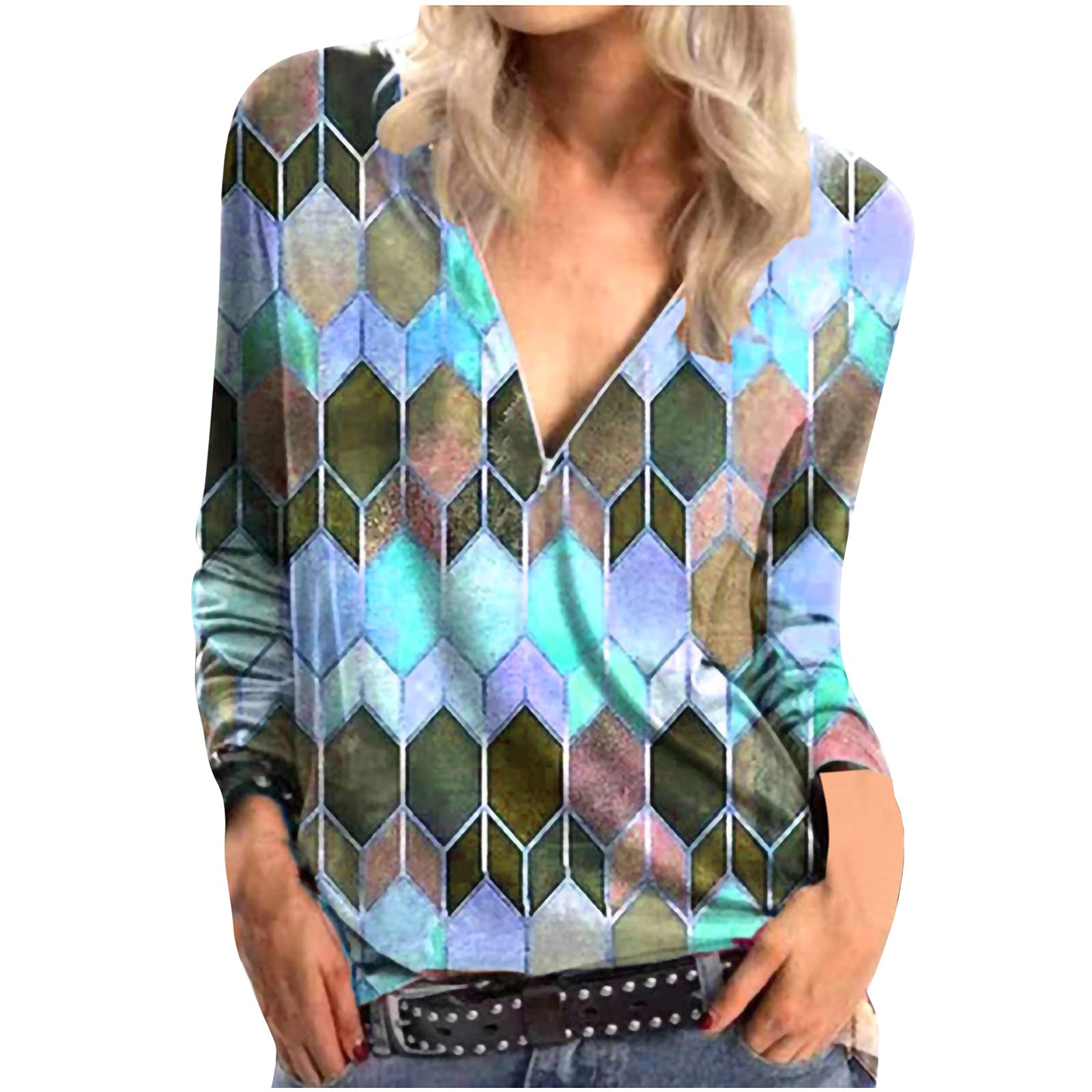 Women's Long Sleeve Workout Tops - Geometric Print V-Neck Zipper Blouse | Casual Pullover Tunic for Yoga, Gym & Everyday Wear