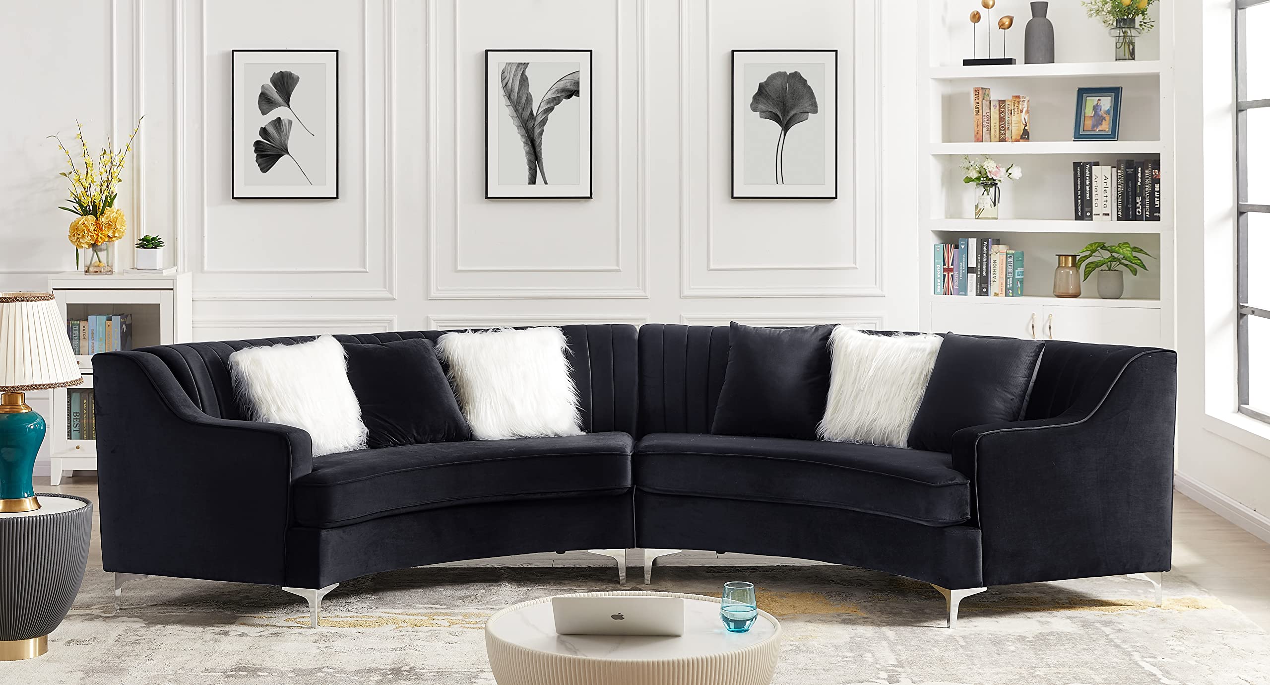 Modern Velvet Curved Sectional Sofa - Symmetrical Semi-Circular Modular Couch with 6 Throw Pillows (Channel Tufted, Black) for Living Room, Lounge, and Contemporary Home Decor