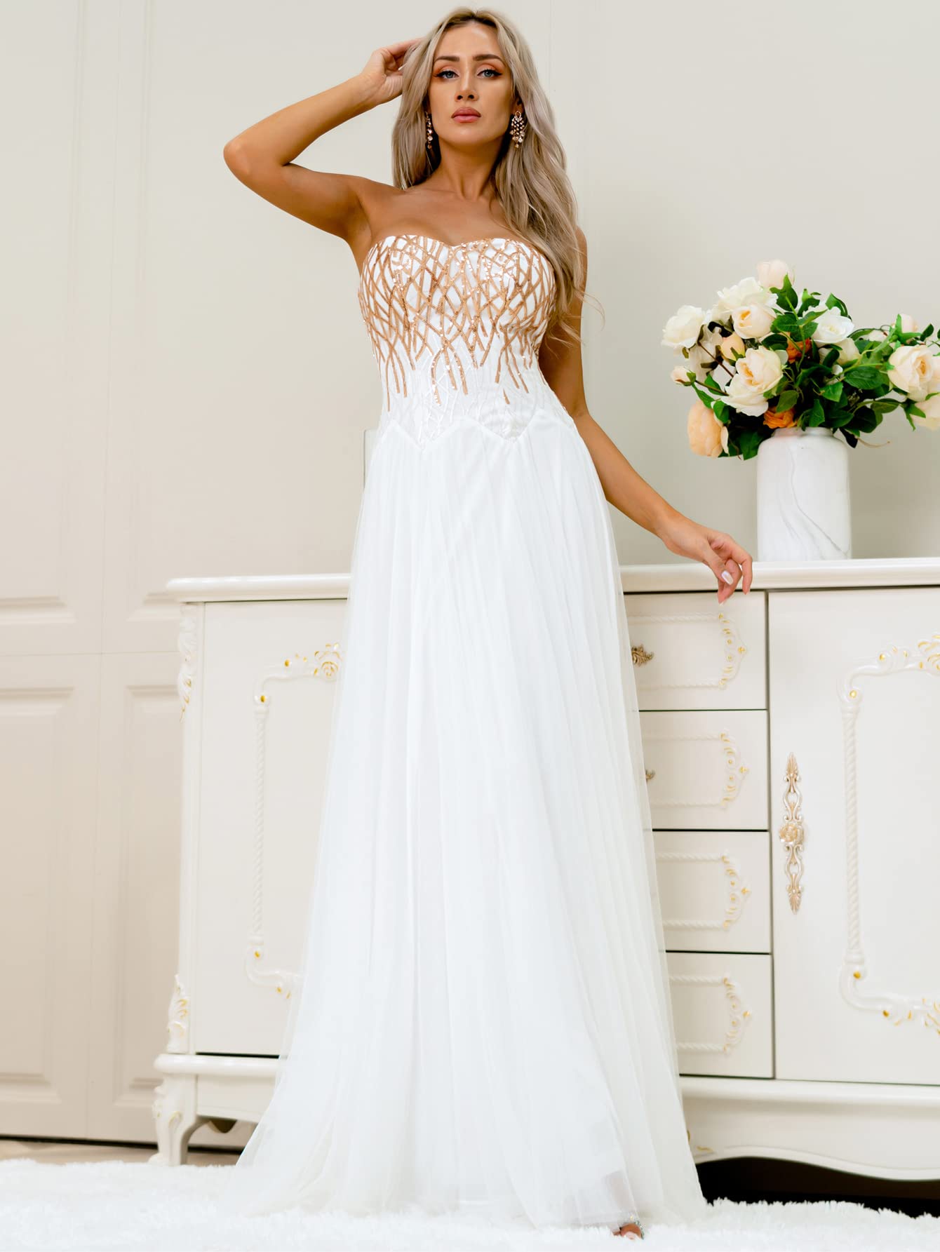 Sparkling Sequin Off Shoulder Mesh Long Wedding Dress for Bride - Perfect for Beach, Church and Formal Bridal Ceremonies