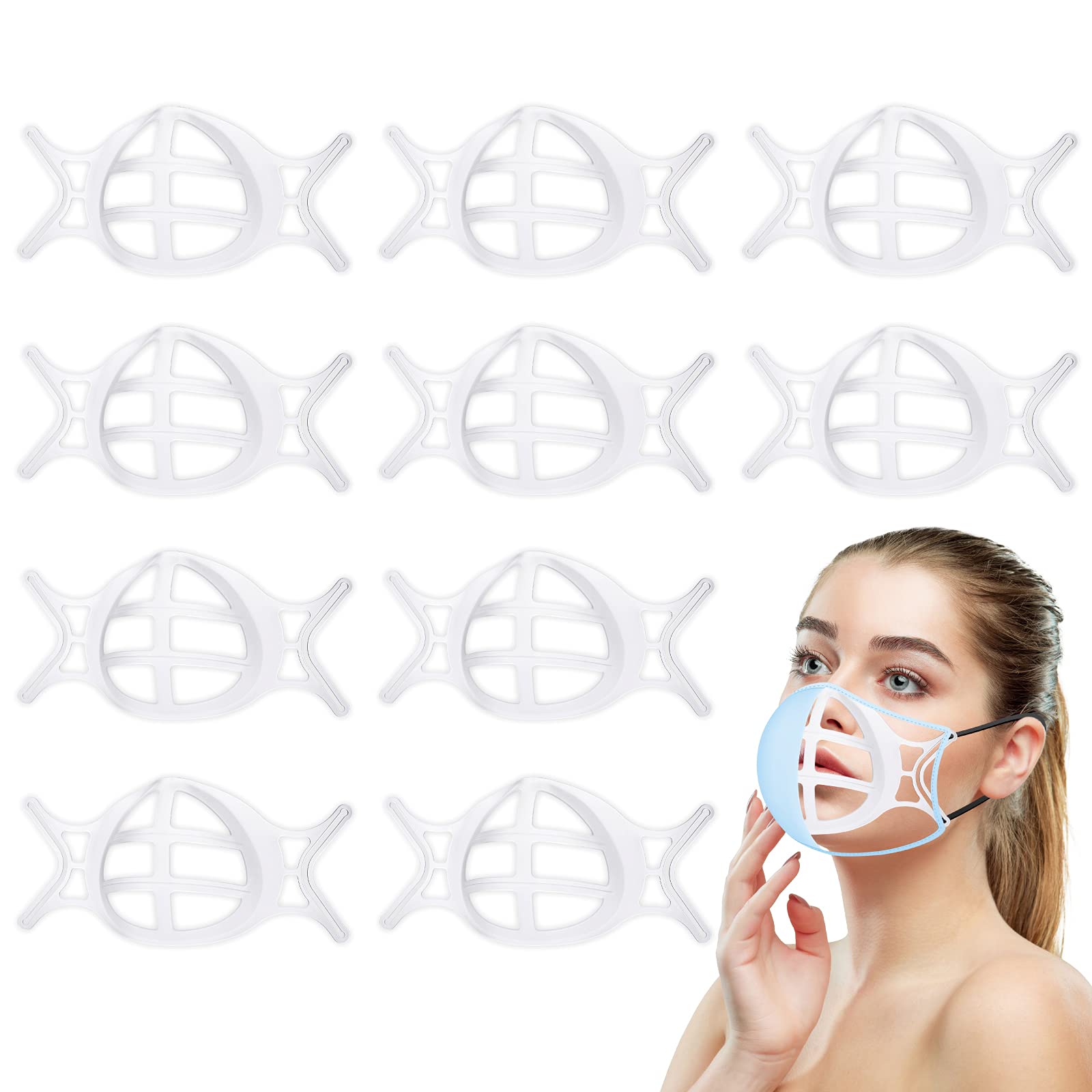 3D Mask Bracket Insert for Cloth Face Masks - Breathable Mouth Guard Support Frame for Comfortable Wearing (10 Pack Semi-Transparent) - Perfect for Daily Use, Travel, Work & School