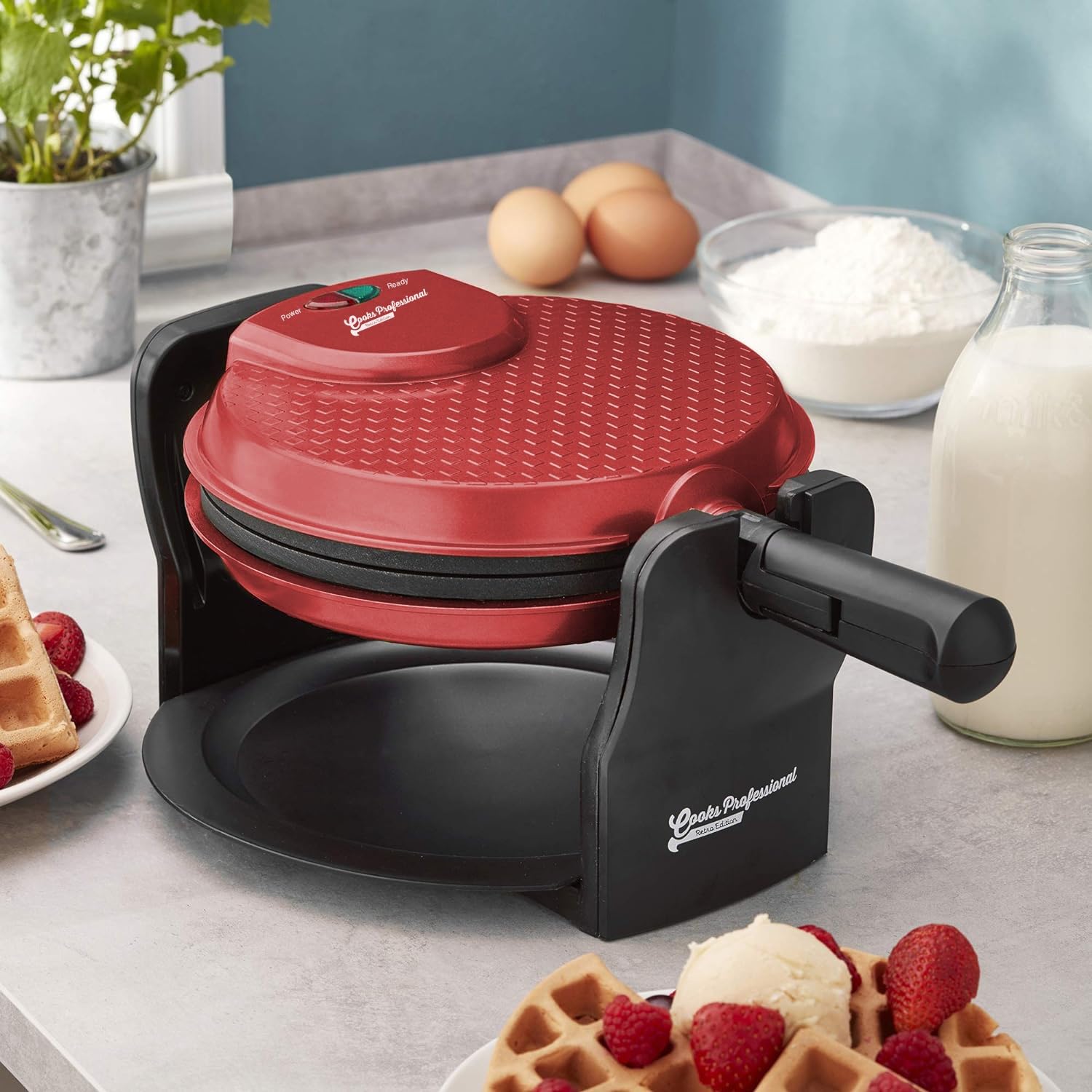 Professional Belgian Waffle Maker 920W - Rotary Electric Waffle Machine with Non-Stick Plates & Easy Clean - Perfect for Breakfast, Brunch, and Family Gatherings - Red