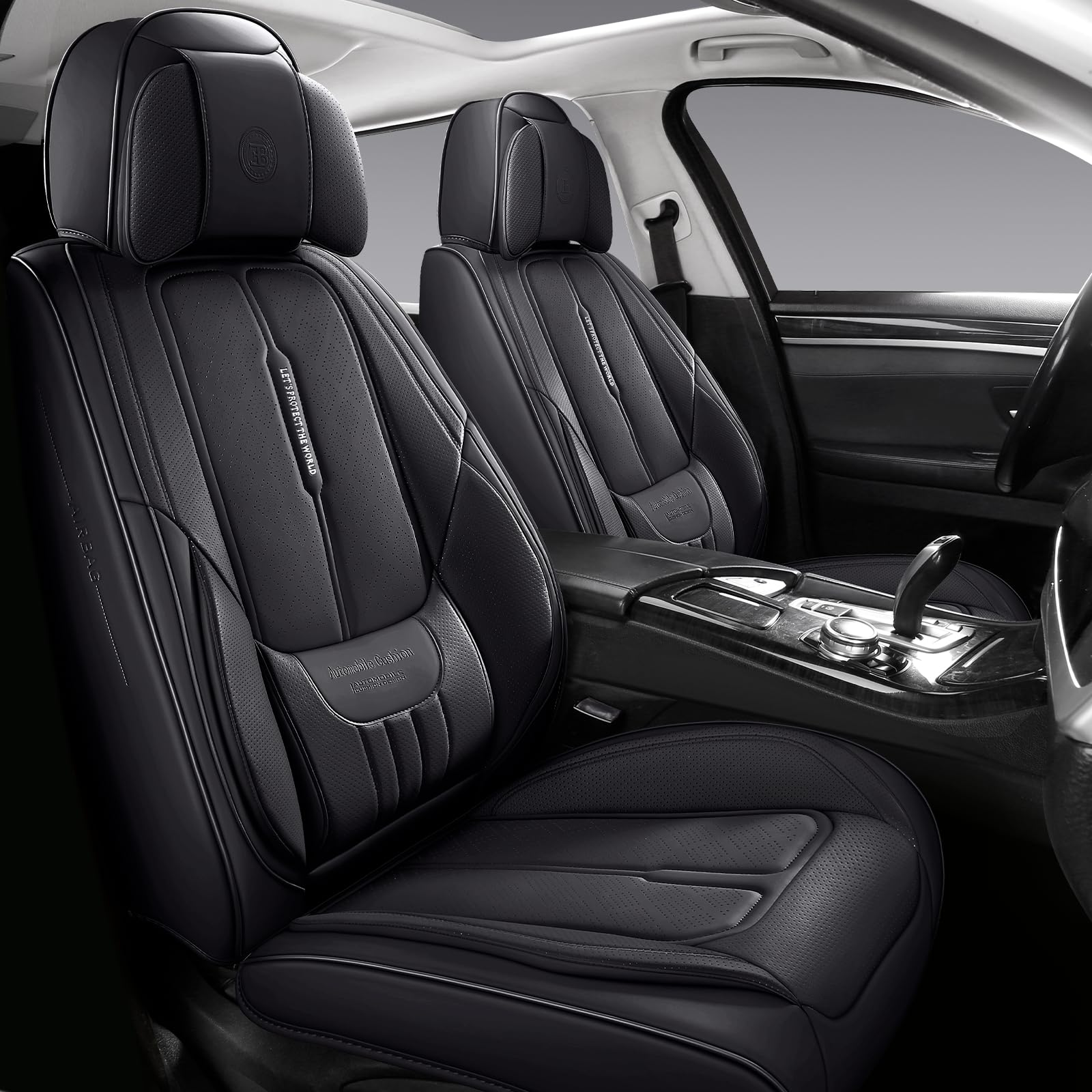 Premium Full-Grain Leather Car Seat Covers - Universal Fit for Cars, SUVs & Trucks | 2-Piece Front Seat Protectors with Cushion Support | Black Automotive Seat Covers for Comfort & Durability | Ideal for Daily Commute, Road Trips & Family Travel