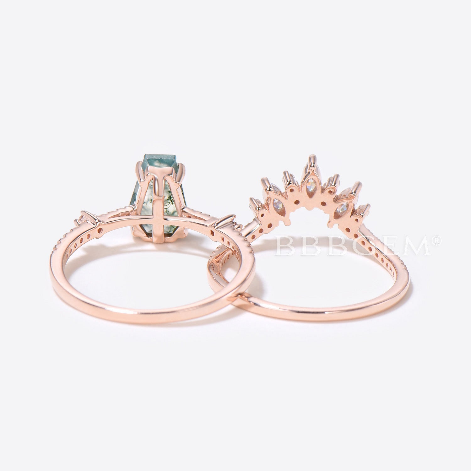 10K Rose Gold Green Moss Agate Coffin Cut Wedding Ring Set with Moissanite - Vintage Engagement & Bridal Jewelry for Boho, Nature-Inspired Weddings