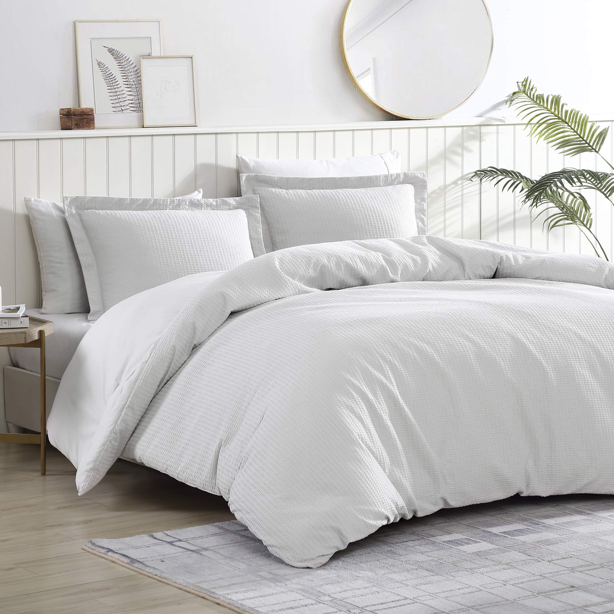 Brielle Pierce 100% Cotton Soft Waffle Textured Comforter Set - Breathable & Hypoallergenic Bedding - White Full/Queen Size - Perfect for Cozy Bedrooms & Guest Rooms