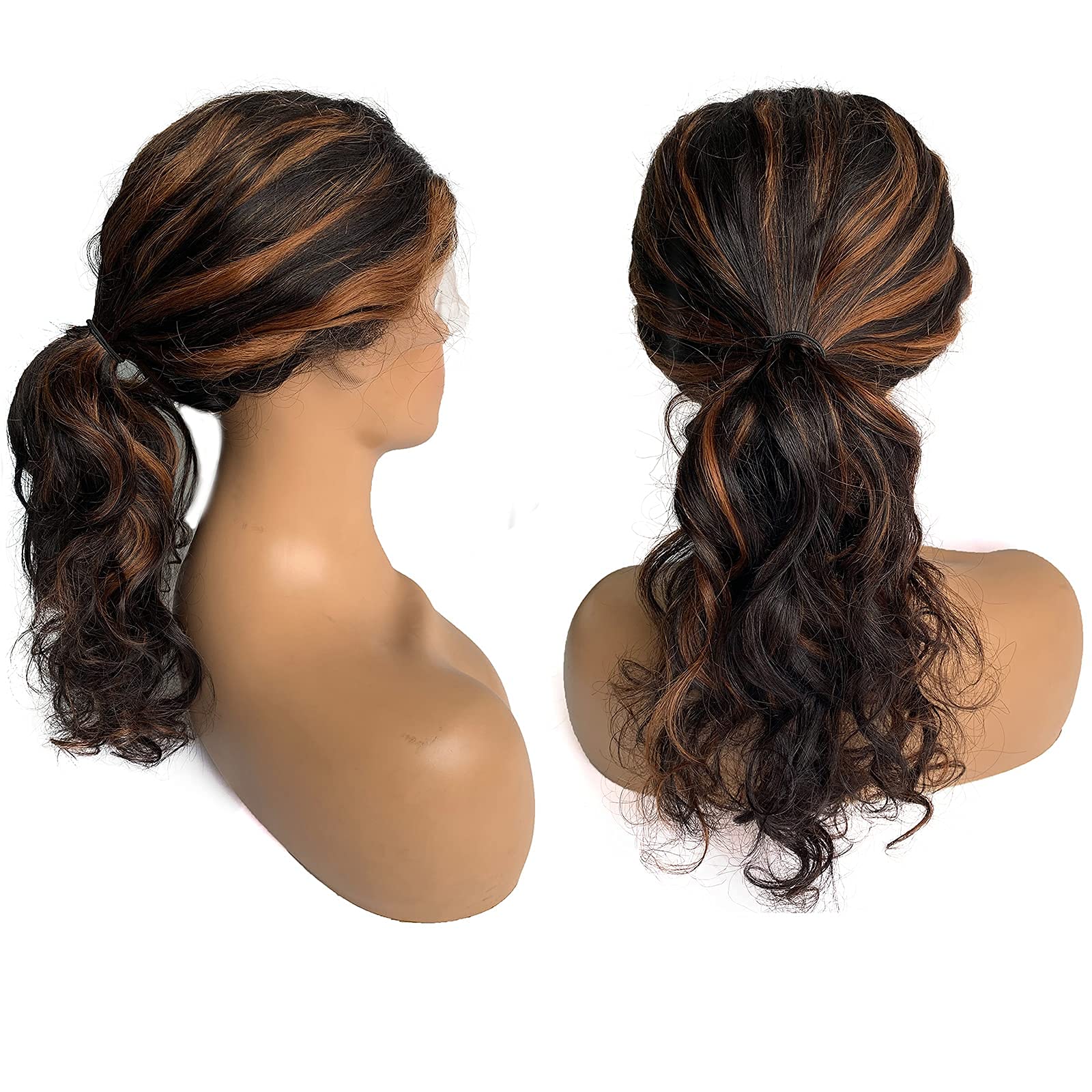 14 Inch T-Part Curly Human Hair Wig - Black & Brown Highlight Lace Front Wig with Baby Hair | Brazilian Virgin Hair, Loose Wave Balayage | Natural Look for Black Women | Perfect for Daily Wear, Parties & Special Events