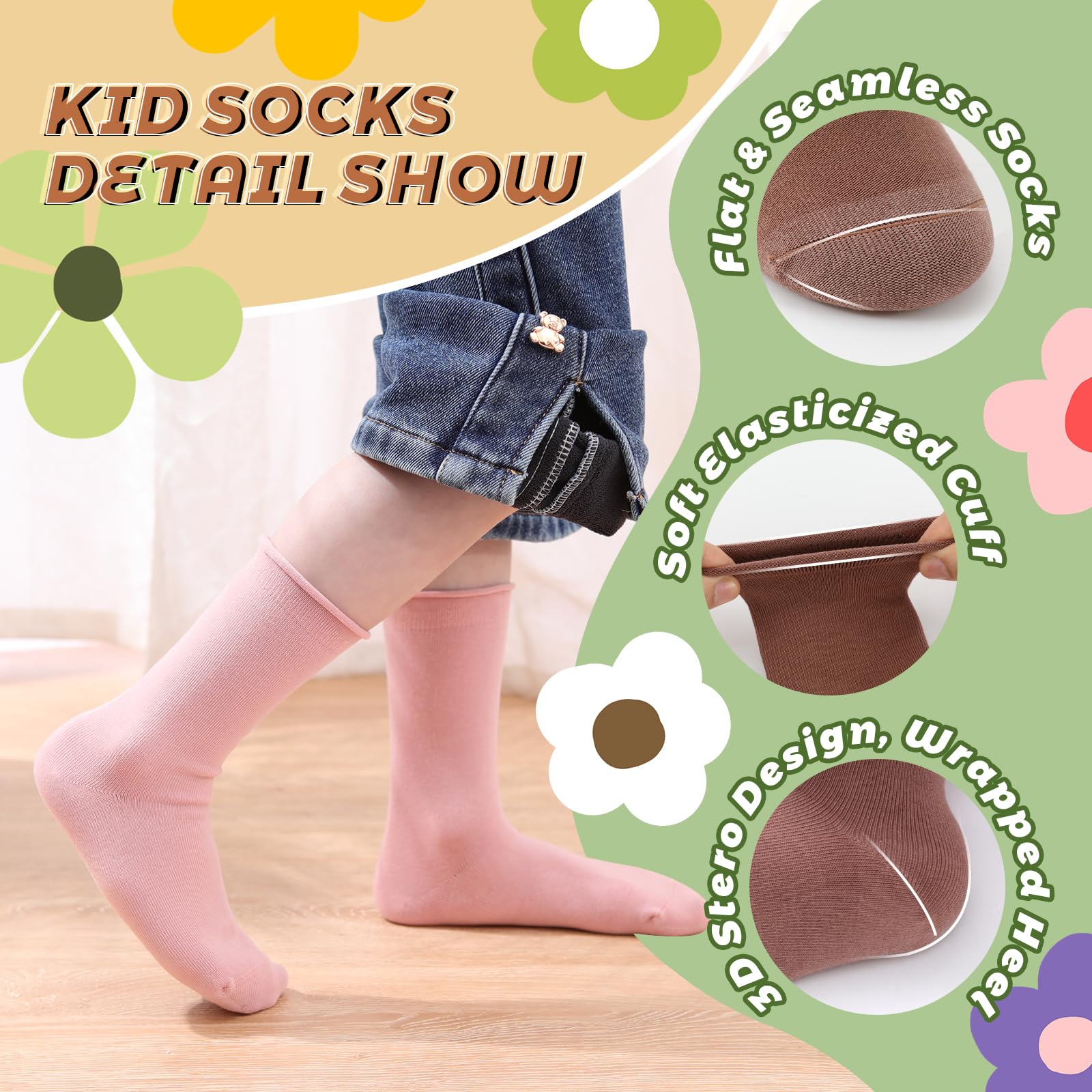 JAKIDAR Girls Crew Seamless Socks - 6 Pairs Soft Cotton Casual Dress Socks for Kids - Perfect for School, Playdates & Everyday Comfort
