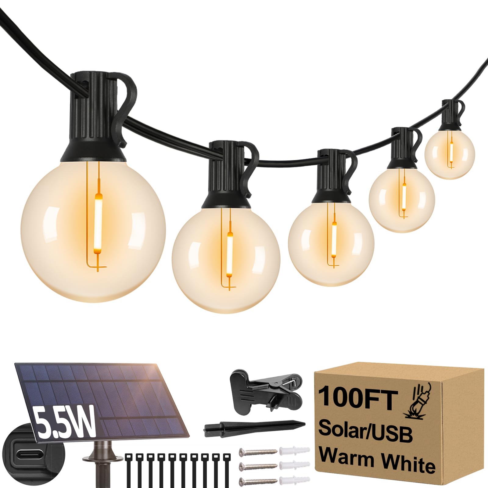 100FT G40 Solar String Lights - 52 E12 Waterproof LED Bulbs, 2700K Warm White Shatterproof Outdoor Lights | Solar Powered Hanging Lights for Porch, Garden, Backyard, Pergola, Bistro & Deck | Perfect for Patio Parties, Wedding Decor & Landscape Lighting