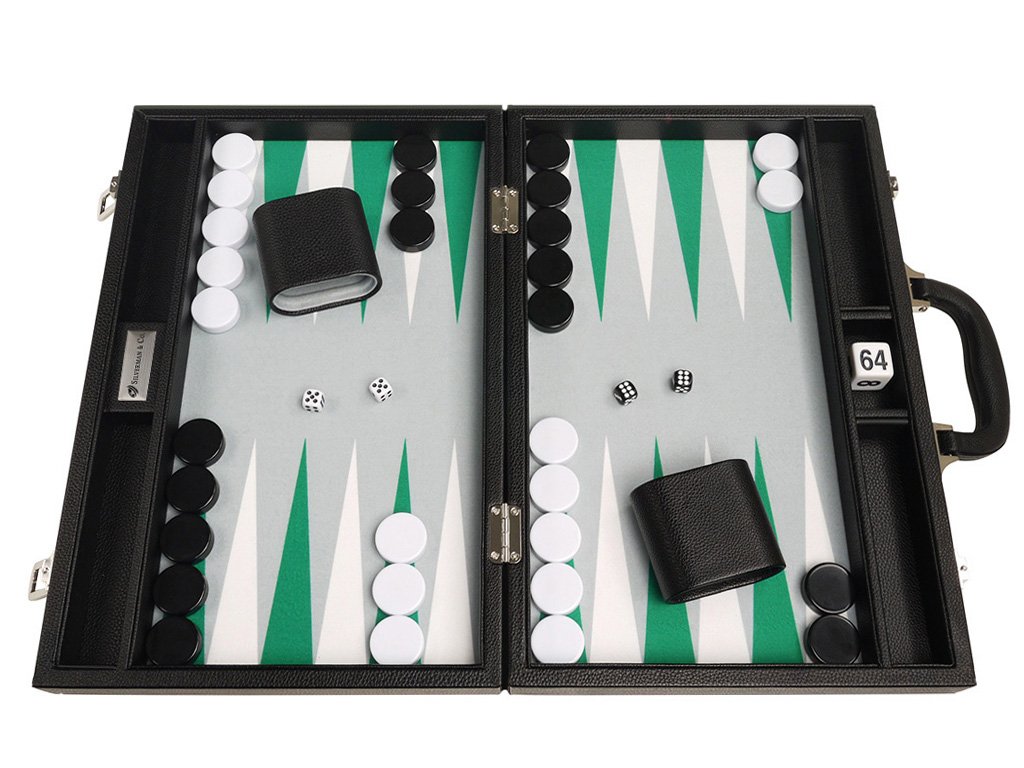 Premium 16-inch Backgammon Set with Black Board & White/Green Points - Medium Size Travel Game for Adults, Family Game Night, Casino Style Board Game