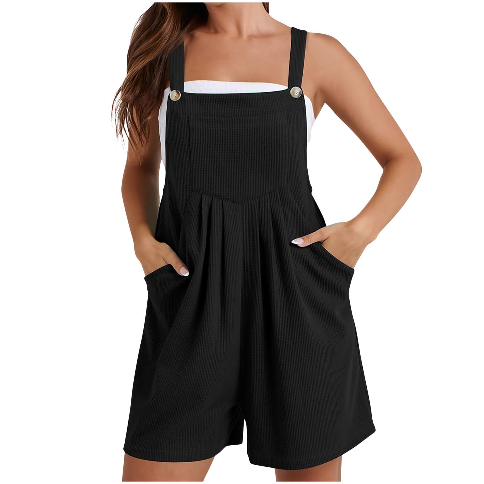 Women's Summer Casual Waffle Knit Short Overalls - Adjustable Strap Jumpsuit & Romper for Outdoor Activities, Beach Wear, and Everyday Comfort
