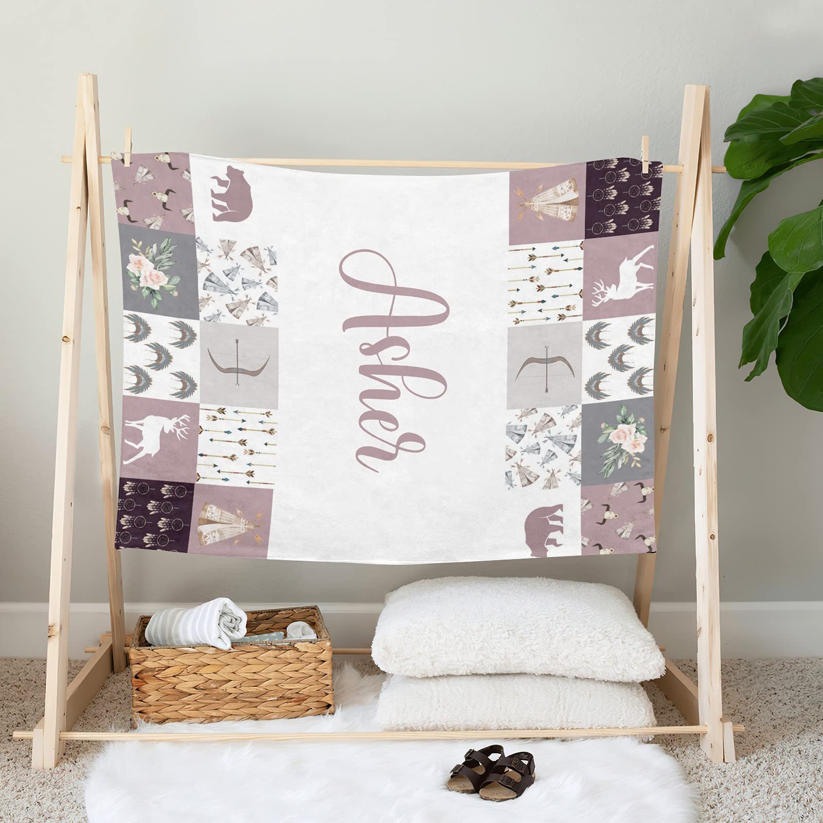 Personalized Deer Faux Patchwork Quilt - Custom Name Baby Blanket for Newborns, Girls & Boys - 30x40 Inch Swaddle Blanket Gift for Crib & Nursery - Perfect for Baby Showers, Christenings & First Birthdays
